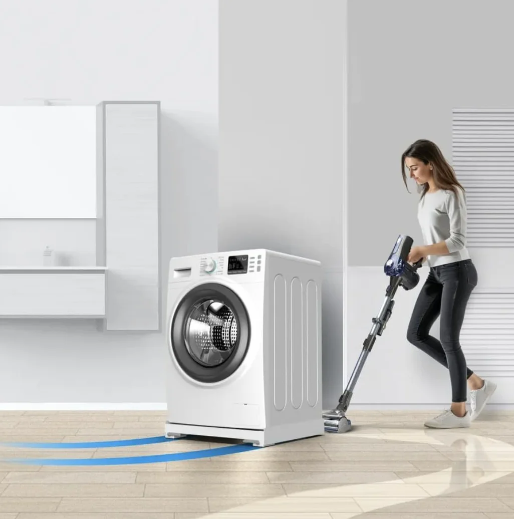Meliconi Base Wash Evo, podstawa antywibracyjna z rolkami, do łatwego przemieszczania pralki lub suszarki, z przednimi dźwigniami hamulca, nośność 250 kg, kolor biały