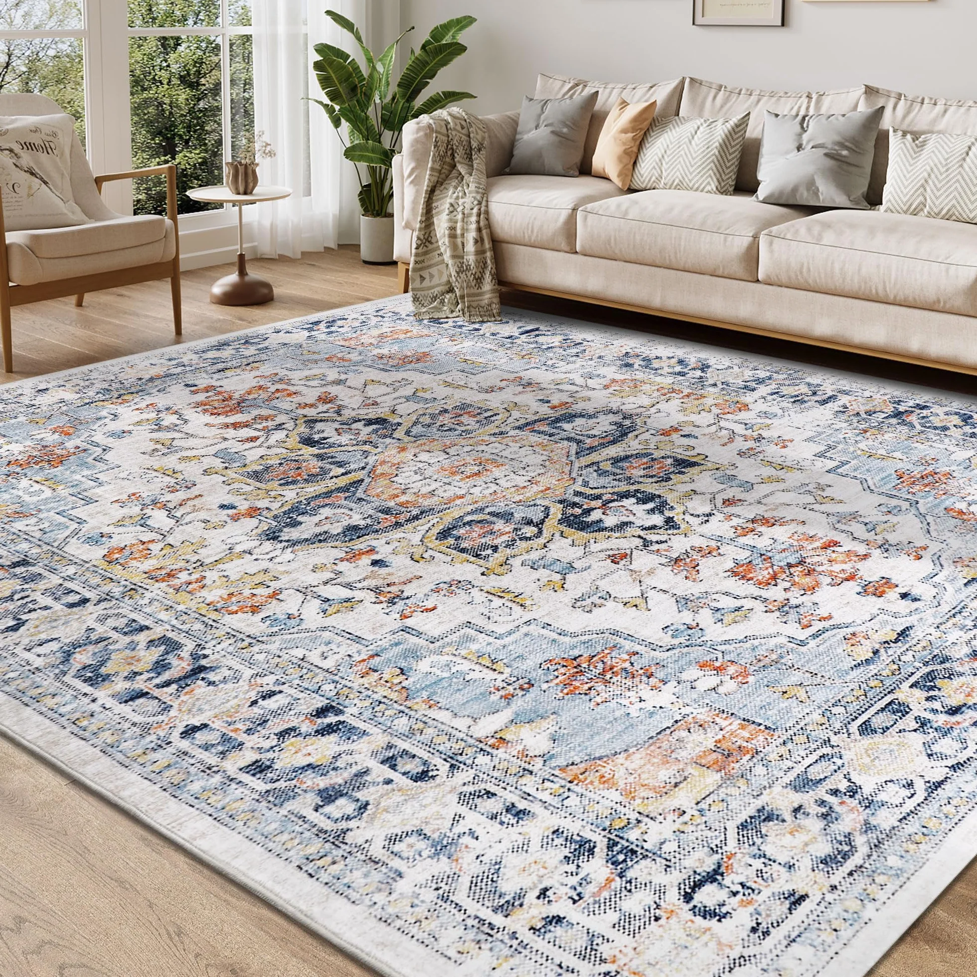 Homcomodar Dywan Zmywalny 200 x 290 cm Boho Vintage Cienki Niskie Runo