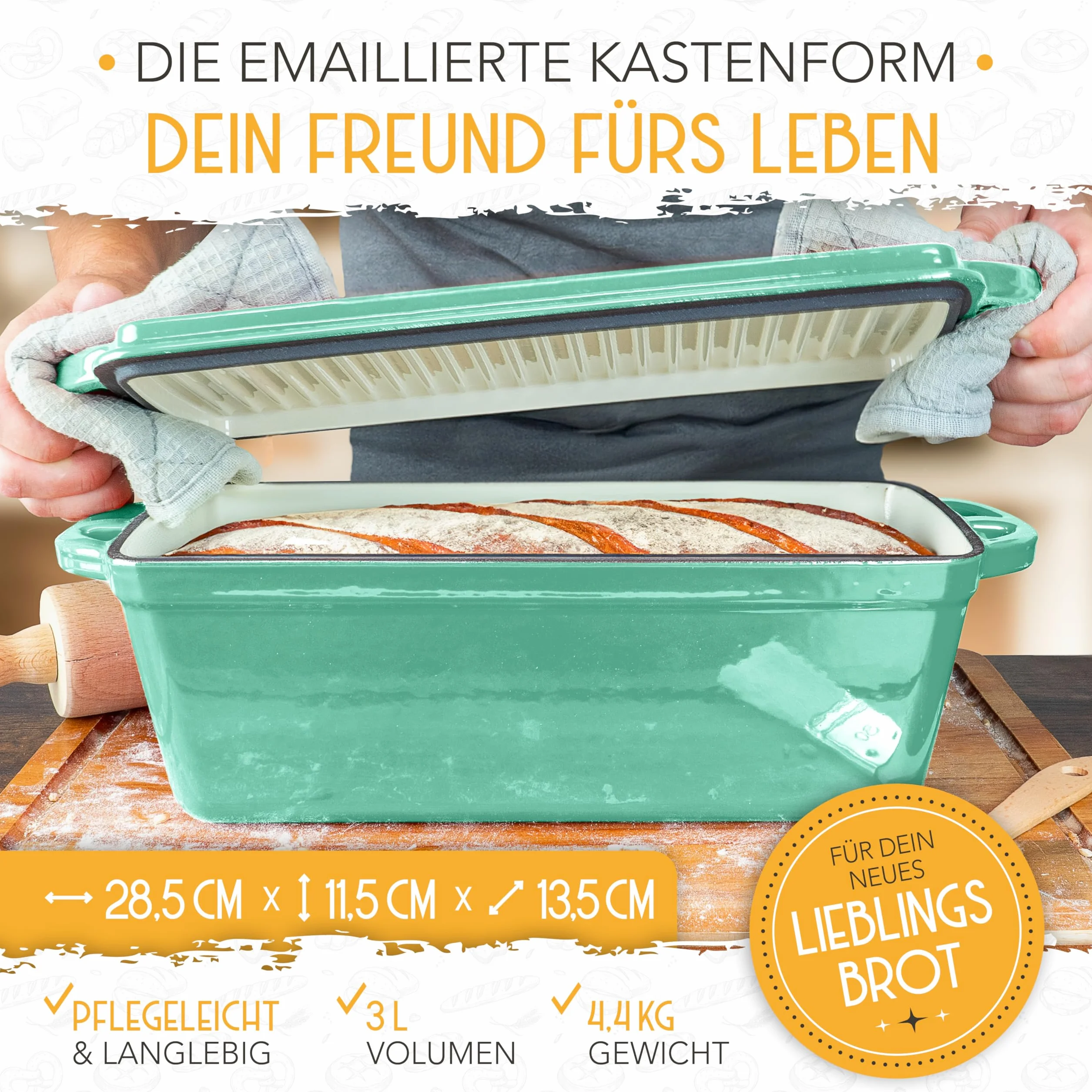 KRUSTENZAUBER emaliowany garnek do pieczenia chleba z pokrywką w zestawie z koszami do fermentacji - Wytrzymała forma do pieczenia 28 cm z żeliwa - Idealna jako forma na chleb, forma do pieczenia