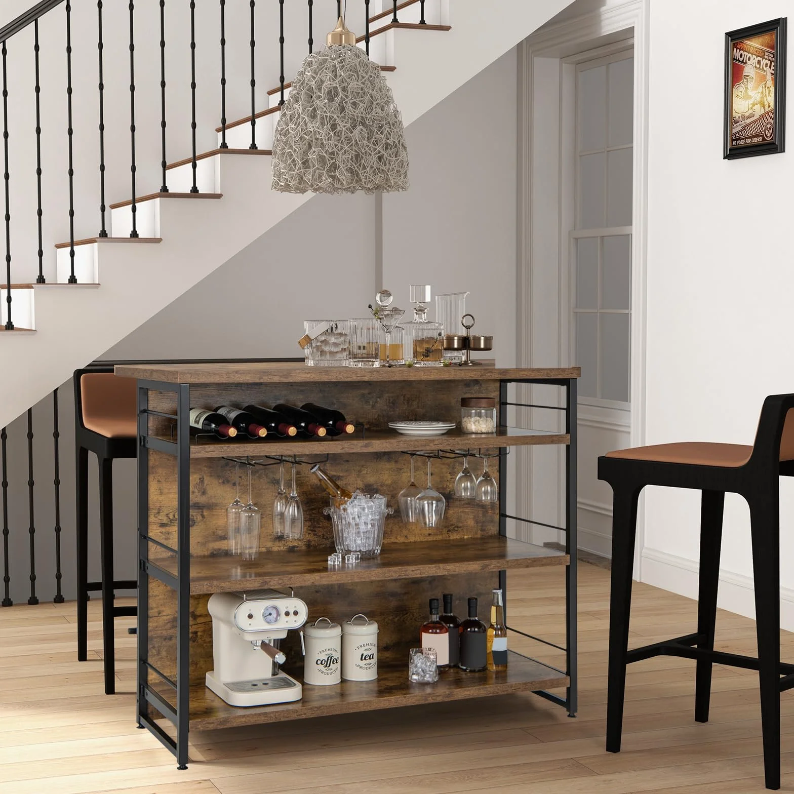 COSTWAY Domowy Bar, Regał Kuchenny z 4 Otwartymi Półkami, Stojak na Wino i Uchwyt na Kieliszki, 120 x 60 x 101 cm Rustykalny
