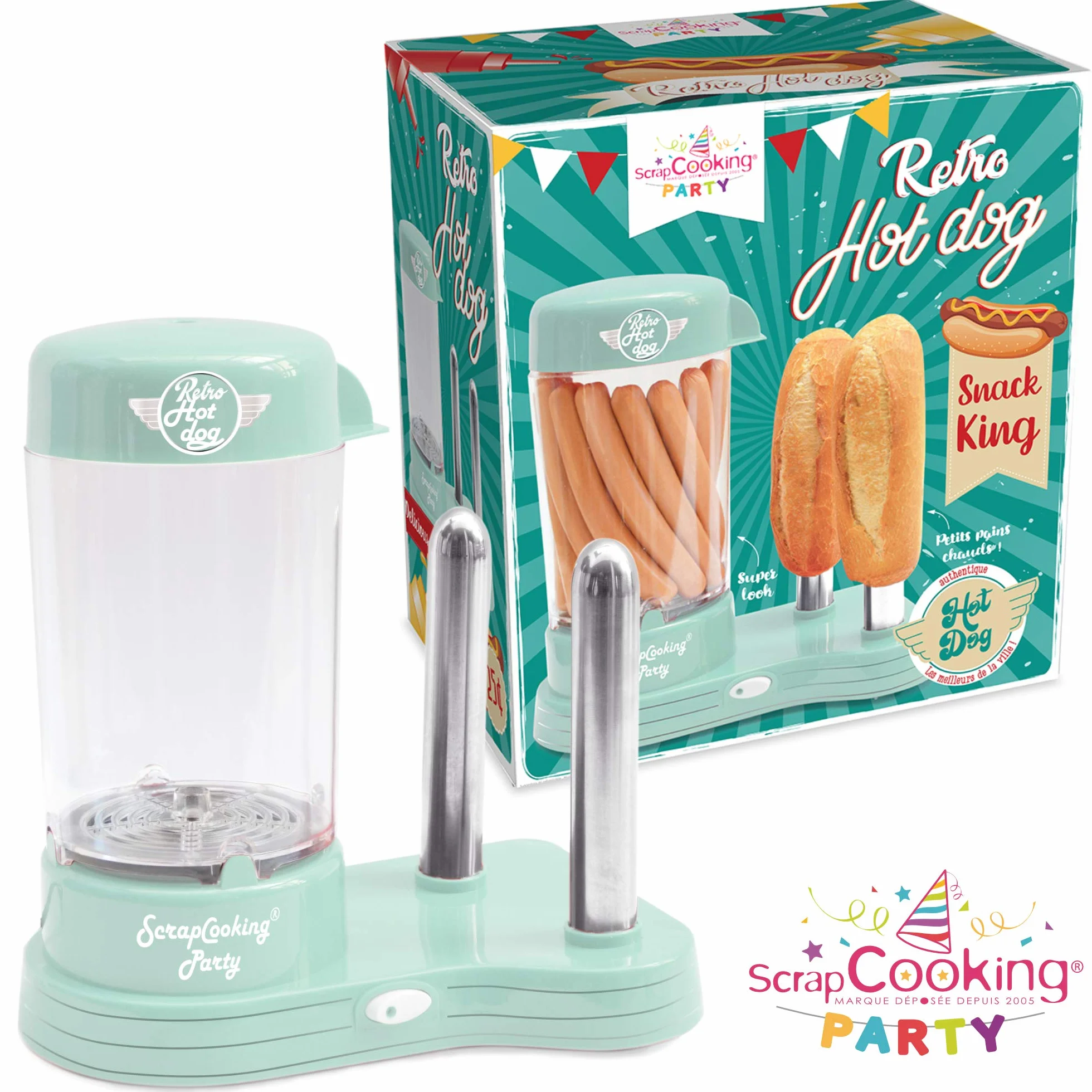 SCRAP COOKING 601 Hot Dogs maszyna na 12 kiełbasek i 2 chleba, styl retro, vintage, grillowanie, imprezy, karby, zielony, tworzywo sztuczne nadające się do kontaktu z żywnością, biała