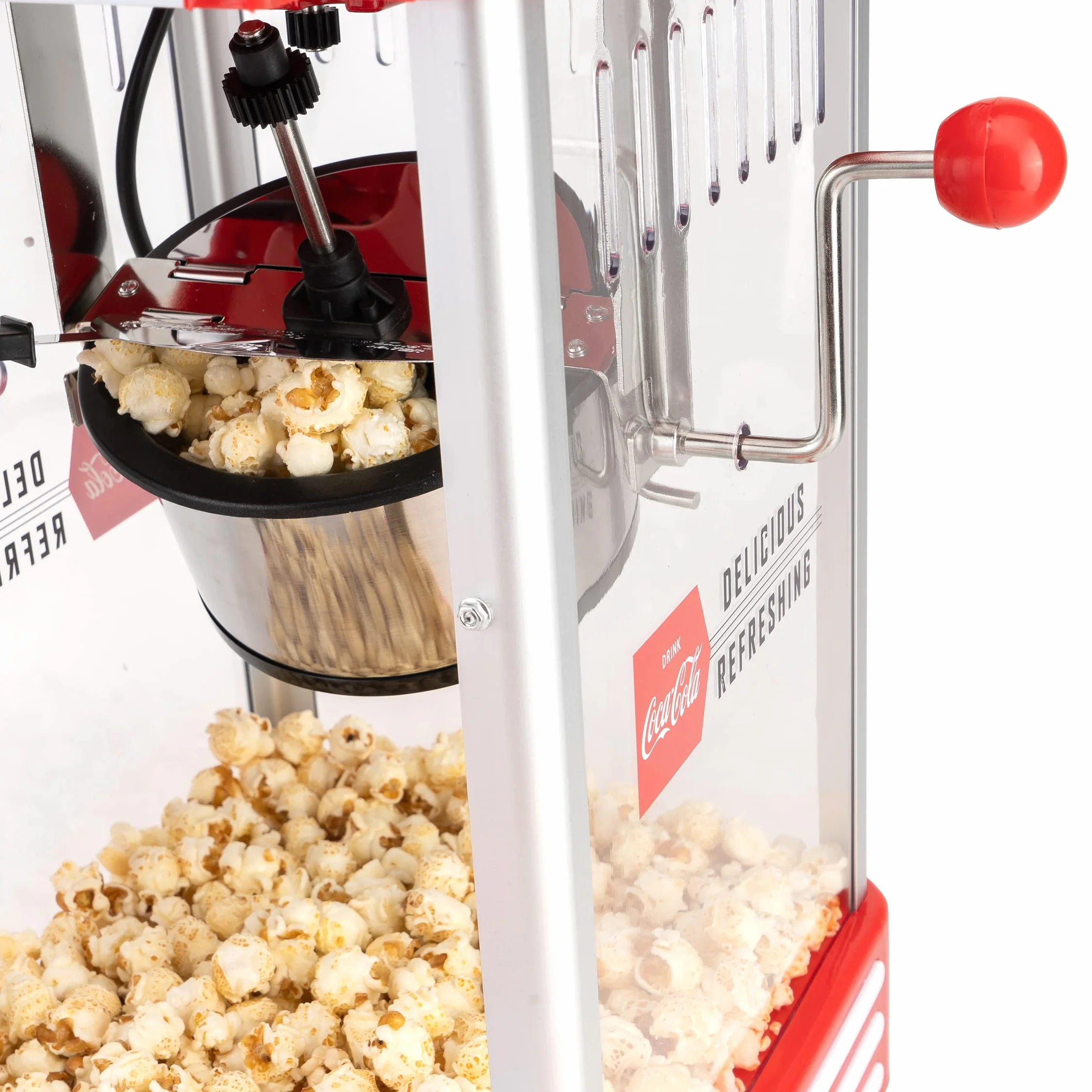 Salco Coca-Cola maszyna do popcornu – urządzenie do robienia popcornu w stylu retro w kolorze czerwonym (lata 50-tete), styl kinowy, czajnik ze stali nierdzewnej z powłoką zapobiegającą przywieraniu,