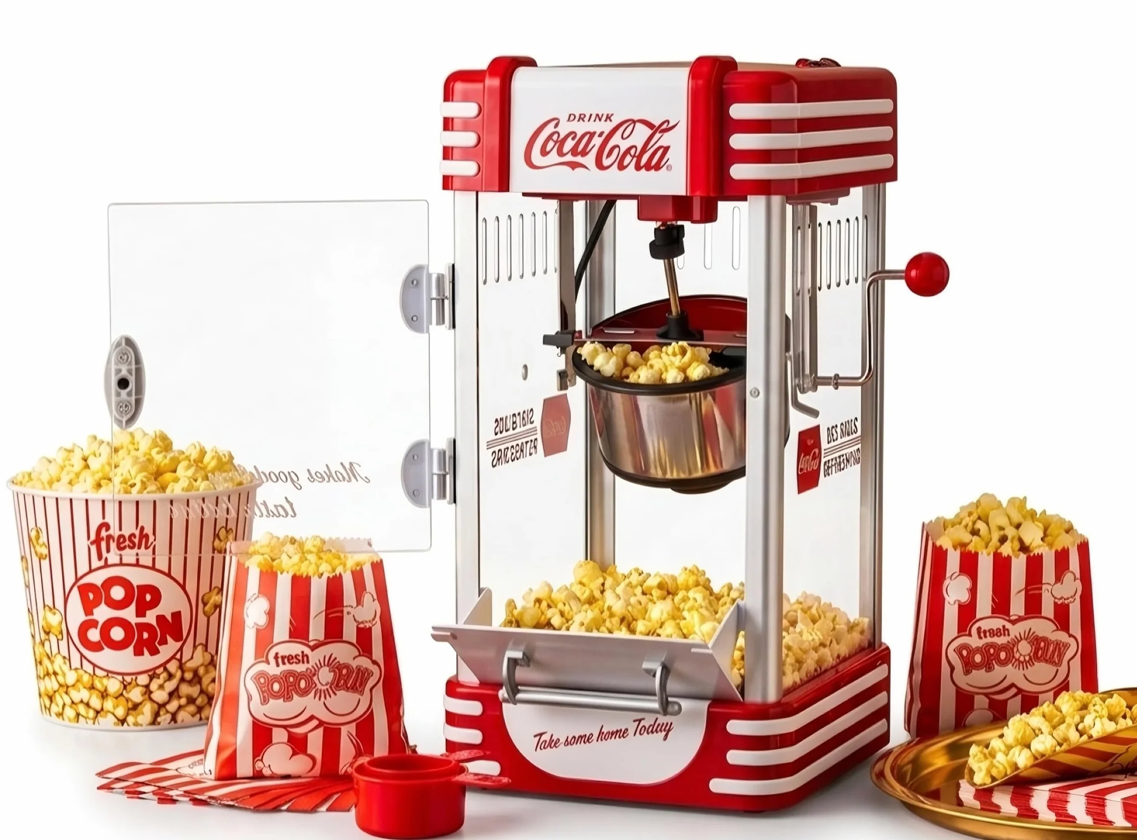 Salco Coca-Cola maszyna do popcornu – urządzenie do robienia popcornu w stylu retro w kolorze czerwonym (lata 50-tete), styl kinowy, czajnik ze stali nierdzewnej z powłoką zapobiegającą przywieraniu,