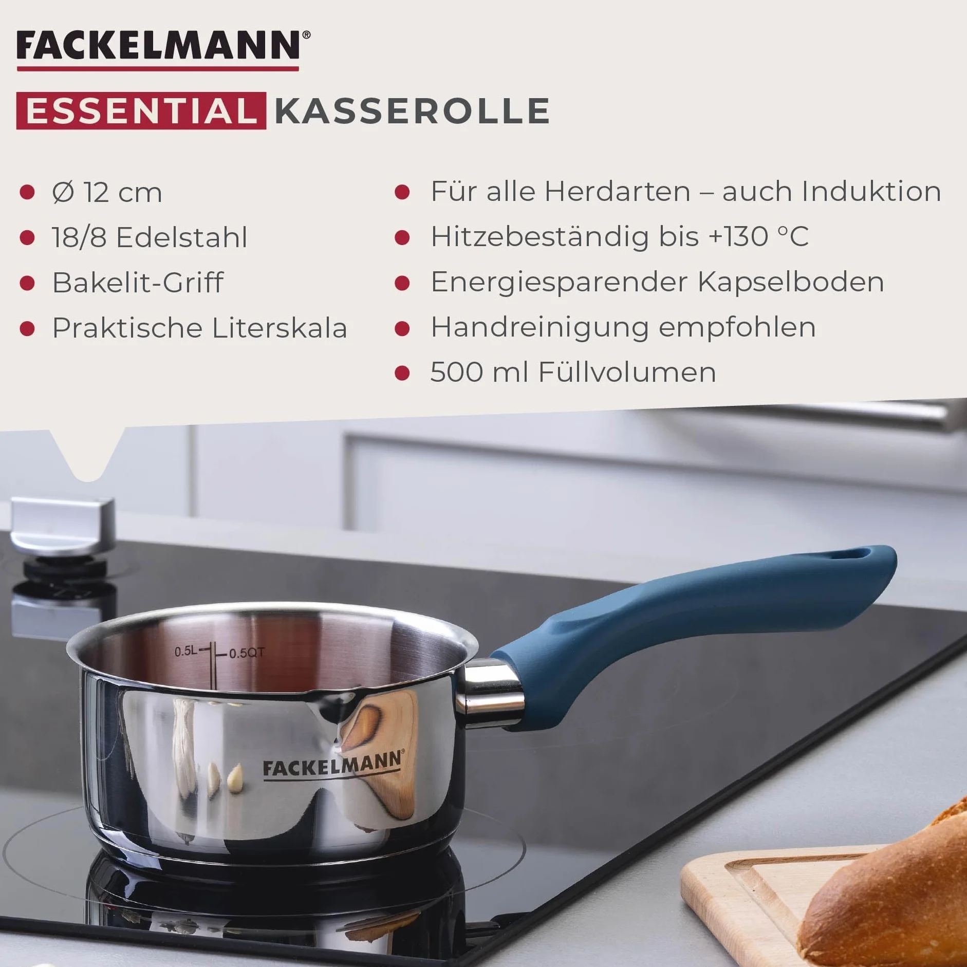 FACKELMANN Rondel Essential średnica 12 cm ze stali nierdzewnej z ergonomicznym uchwytem bakelitowym, odporny na wysokie temperatury i nierdzewny