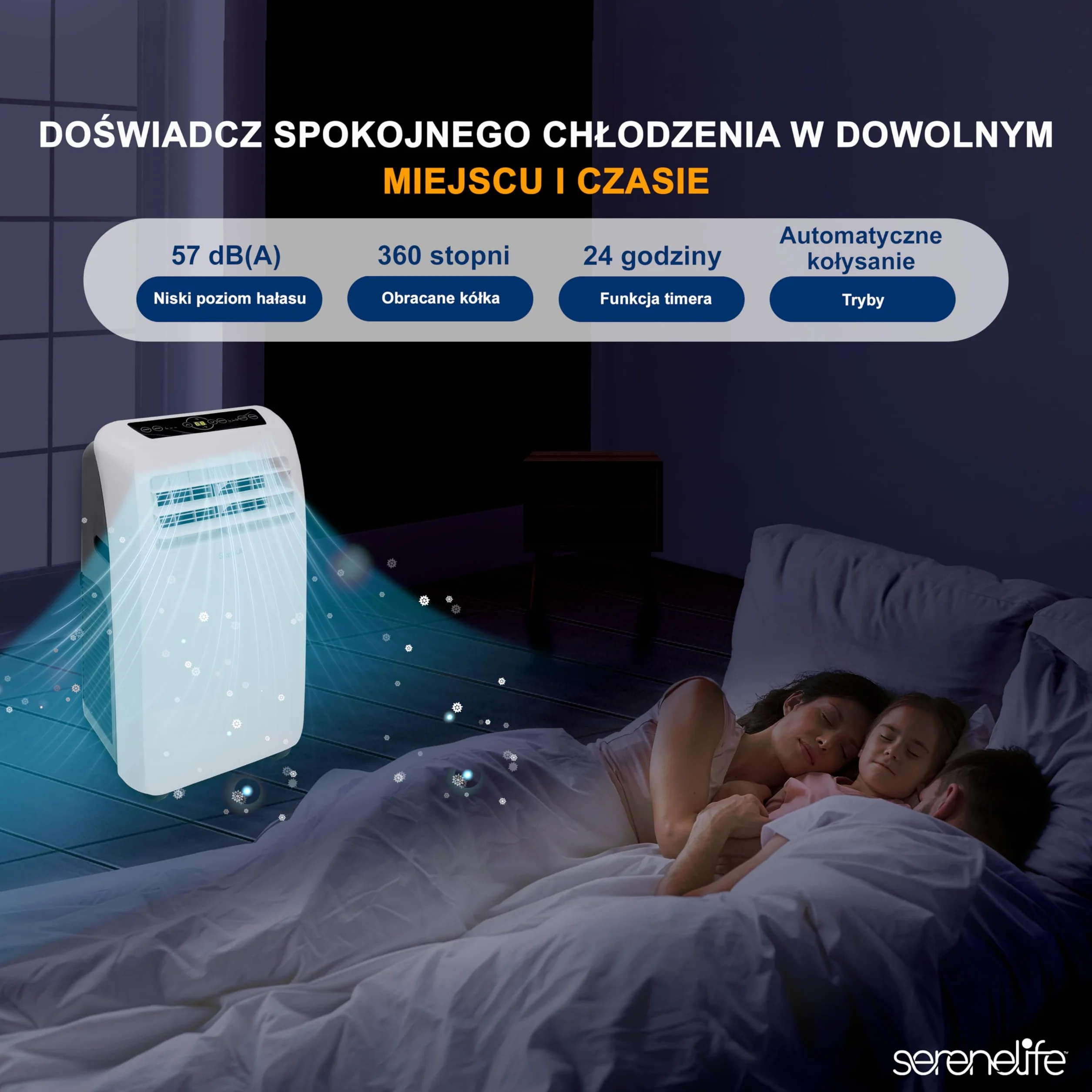 SereneLife Mobilny klimatyzator 3 w 1 z wężem wylotowym – chłodnica powietrza, osuszacz powietrza i wentylator, 9000 BTU, wilgotność 1,5 l na godzinę, chłodzi pomieszczenia do 42 m²