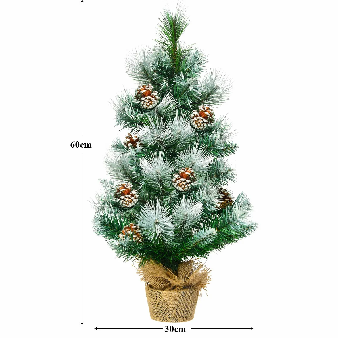 COSTWAY Sztuczna mini choinka 60 cm, stół z podstawą cementową, śnieżna choinka z szyszkami sosnowymi, sztuczne drzewko bożonarodzeniowe, 34 gałązki igieł PCW, zielona