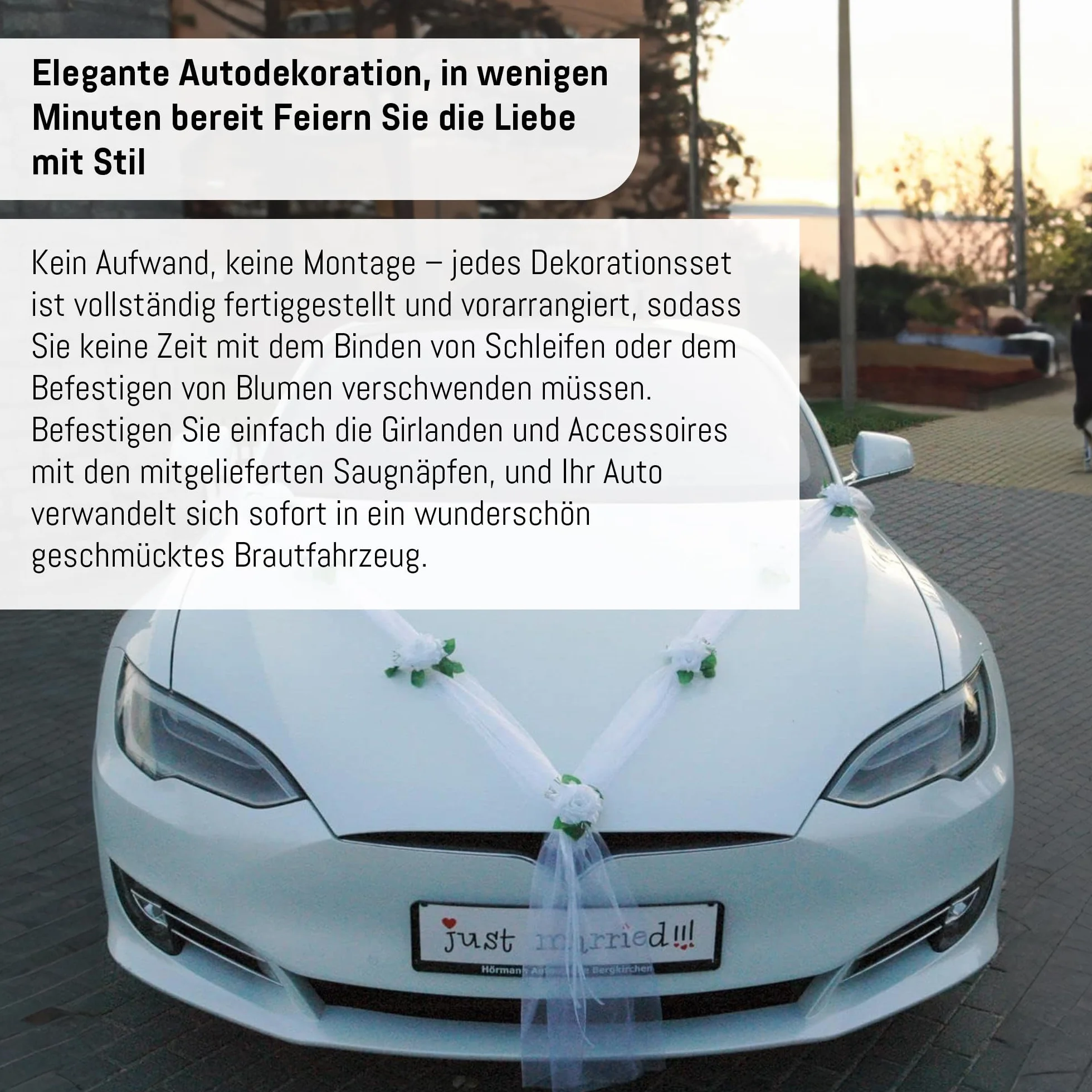KLASYK Ozdoba samochodowa 100% gotowa dekoracja panna młoda para róża deko ozdoba samochodowa wesele Car Auto Wedding deko girlanda rattan (czysta biel/biała)