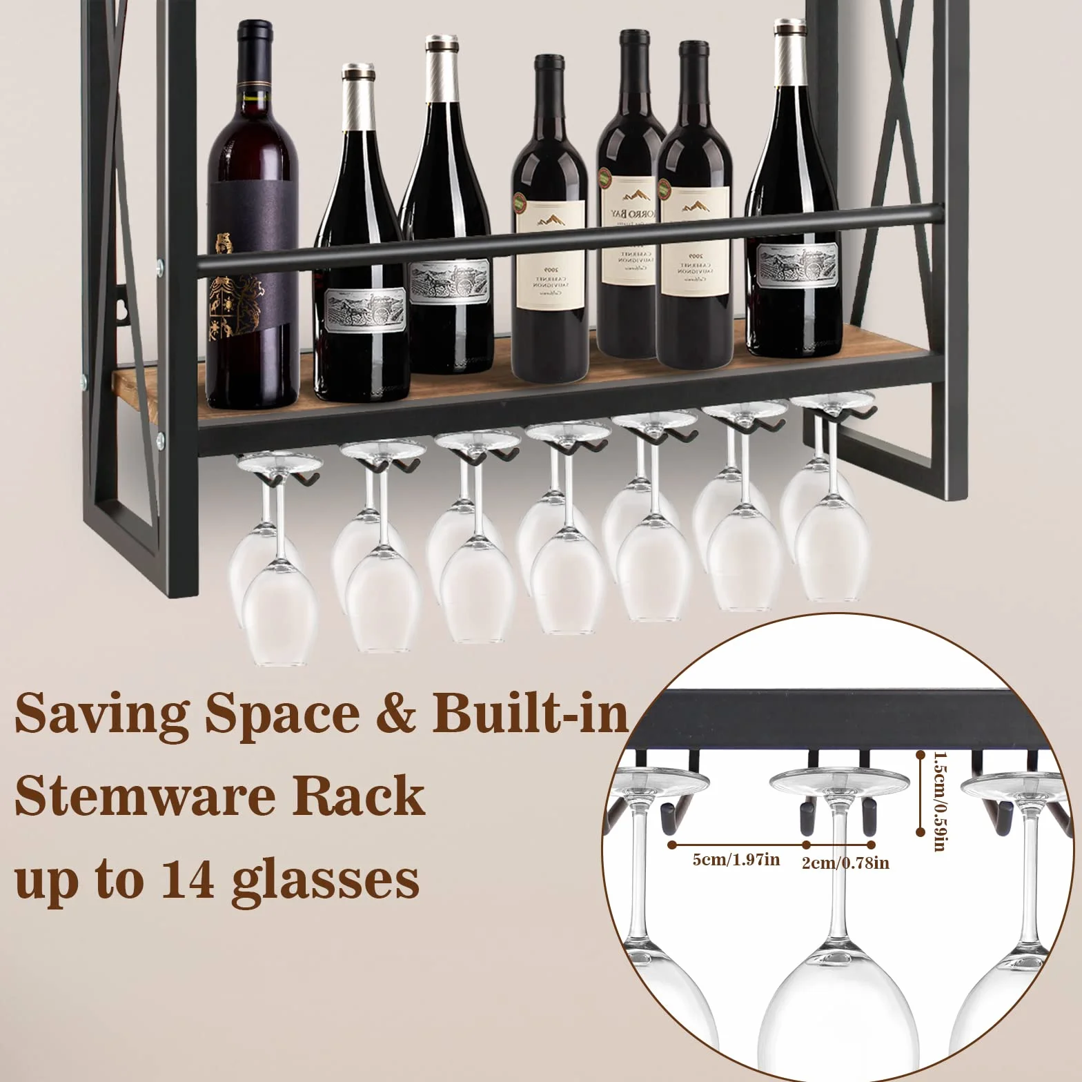 Todeco Naścienny stojak na wino 3-poziomowa drewniana półka metalowa rama 60 cm