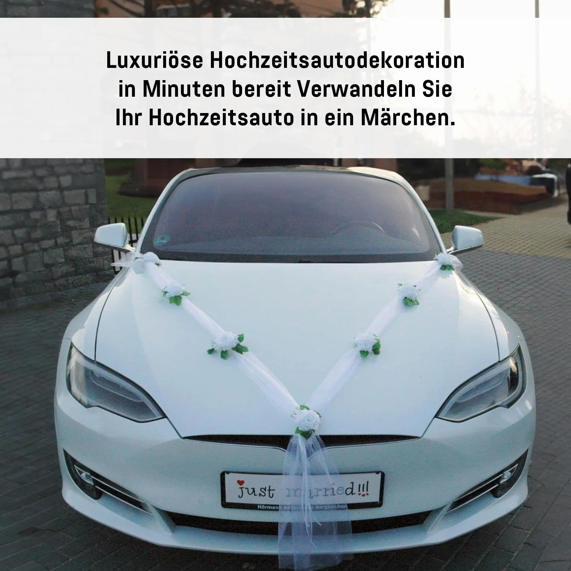 KLASYK Ozdoba samochodowa 100% gotowa dekoracja panna młoda para róża deko ozdoba samochodowa wesele Car Auto Wedding deko girlanda rattan (czysta biel/biała)
