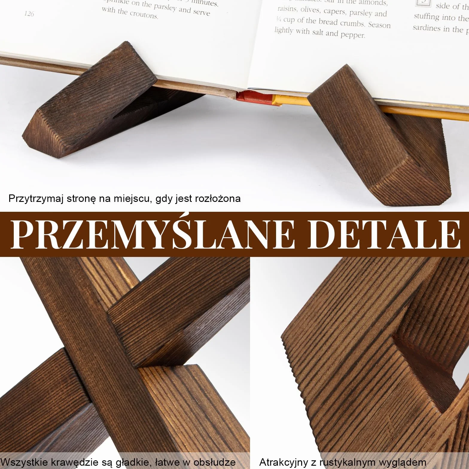 PUERSI Uchwyt do książek kucharskich, Drewniana podstawka do książek, Przybornik na przepisy kulinarne, Stojak na książki, Uchwyt na książki, Vintage, Rustykalny