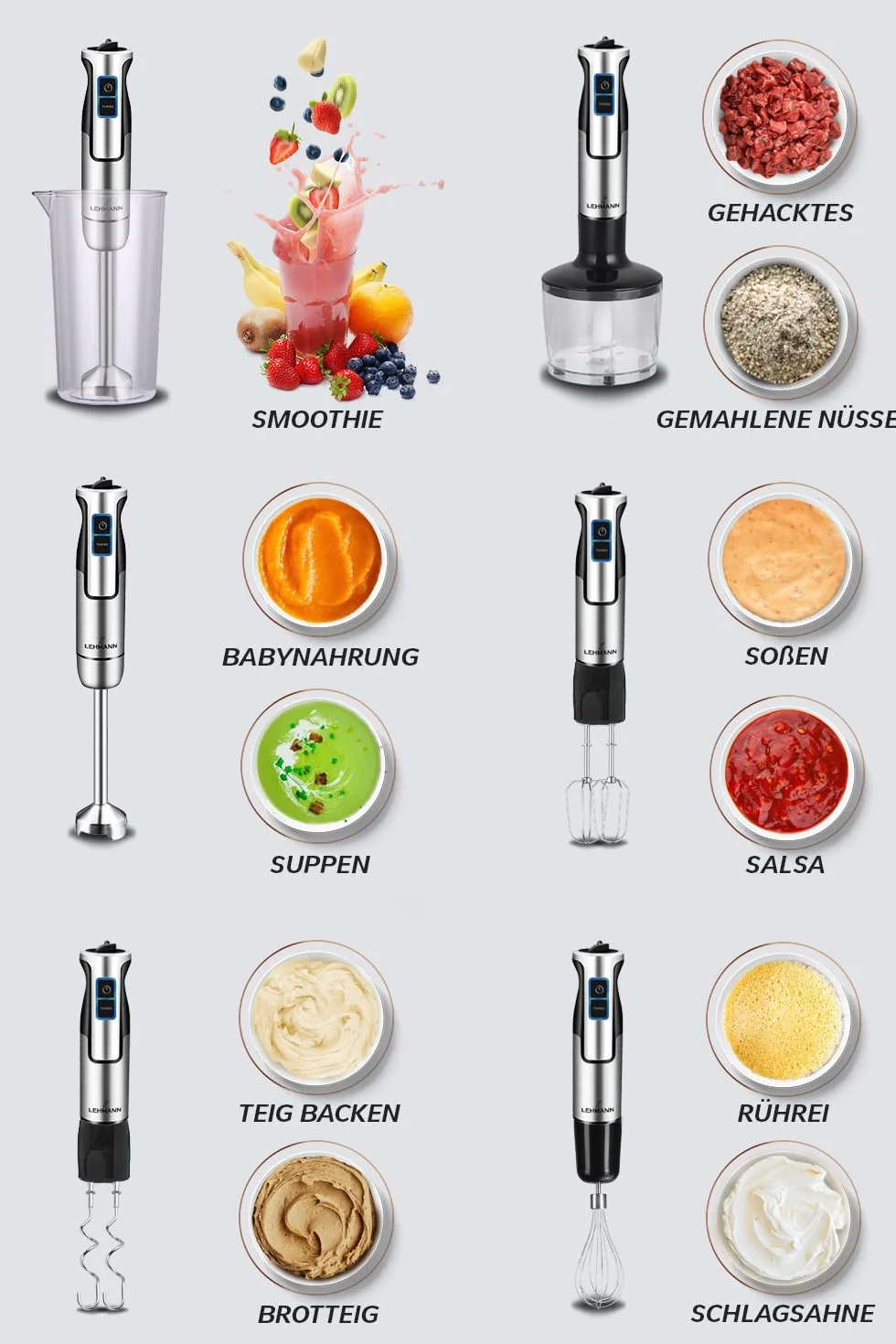 Lehmann Chowmei Blender ręczny zestaw 1200 W, Blender immersyjny z funkcją turbo i regulacją prędkości, elektryczny wielofunkcyjny blender ręczny, w zestawie 6-częściowy zestaw akcesoriów