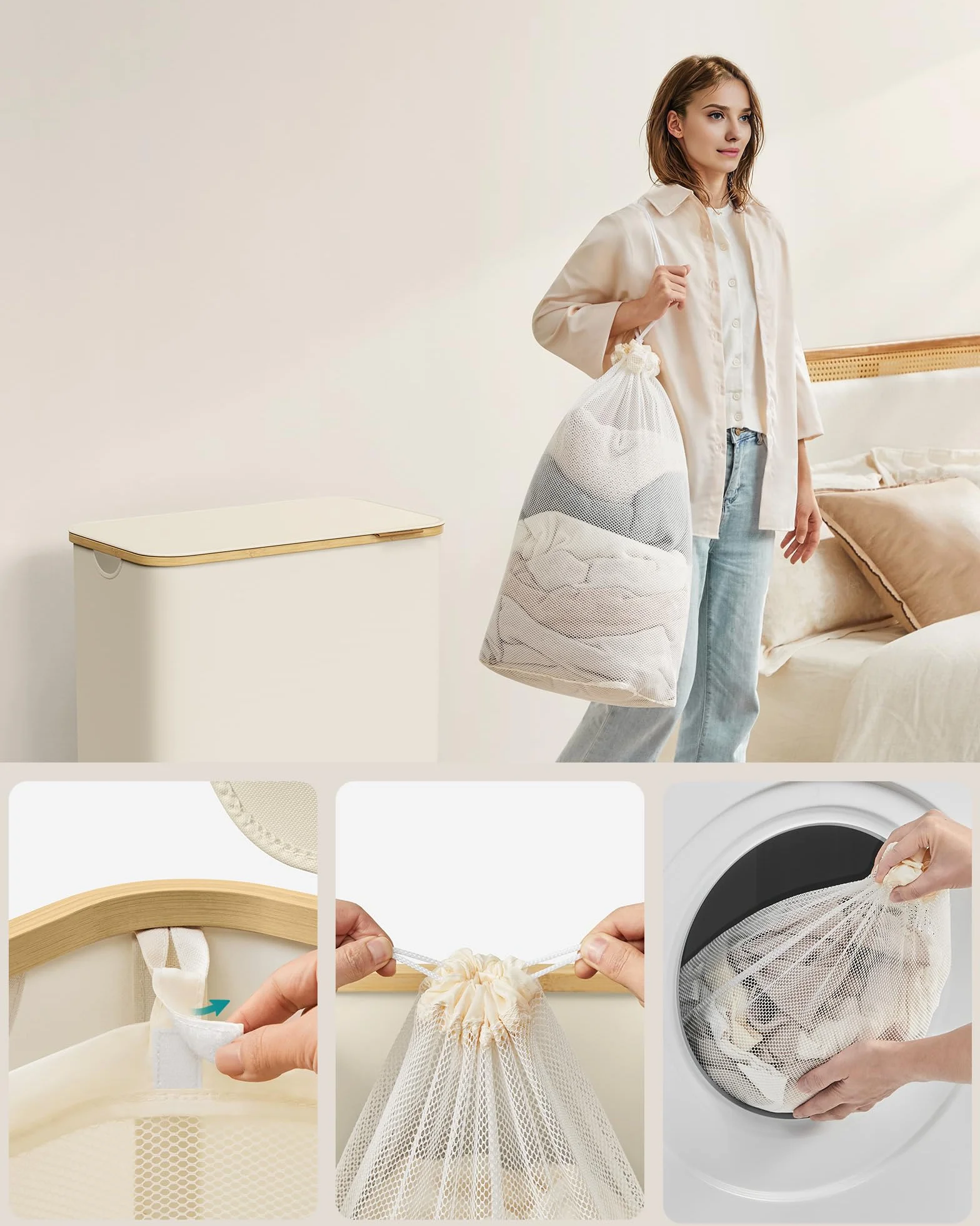 SONGMICS Kosz na pranie z pokrywką z 3 przegródkami, 150 l, zdejmowana torba, tkanina Oxford, bambusowe uchwyty, składany, 60 x 38,5 x 70,5 cm, kremowo-biały LCB515W01