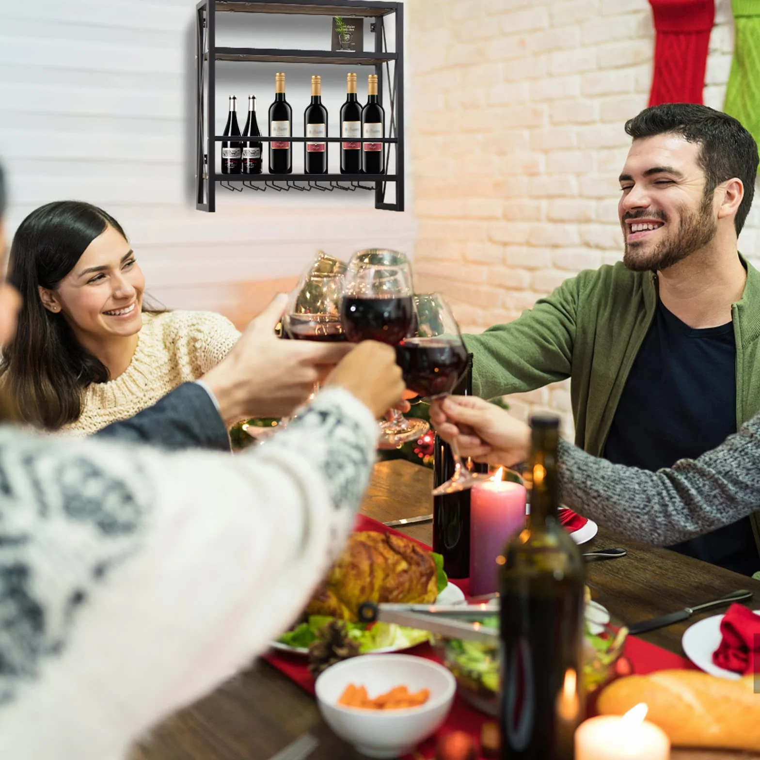 Todeco Naścienny stojak na wino 3-poziomowa drewniana półka metalowa rama 60 cm