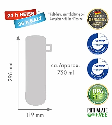 ROTPUNKT butelka termoizolacyjna 0,75 l z wbudowana kubeczkiem - Wysokiej jakości termos marki ROTPUNKT wyprodukowany w Niemczech I Do 24 h na gorąco & 36 h na zimno (Jesper 60, błyszcząca pomarańcz)