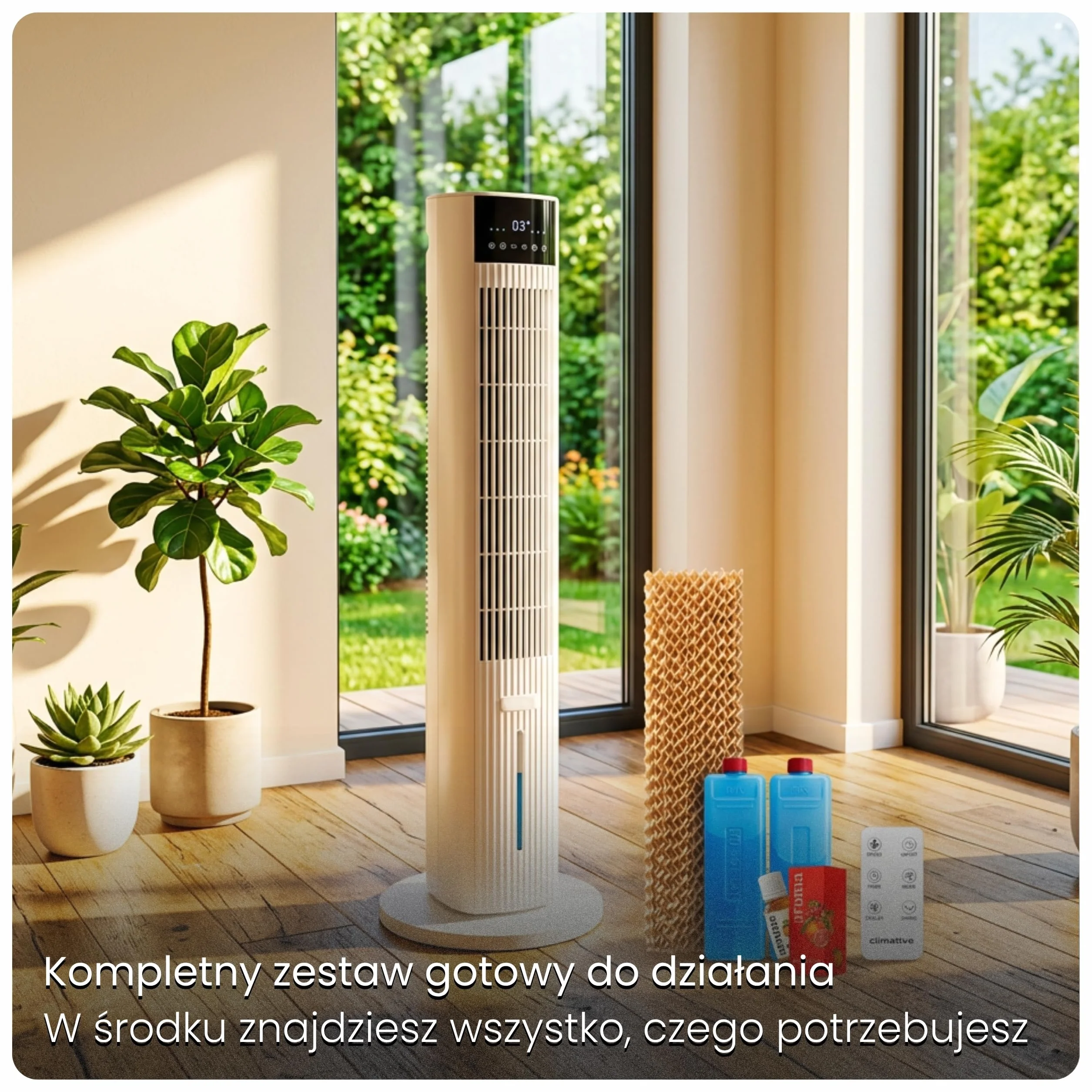 CoolAir Klimator Ewaporacyjny 5L z Chłodzeniem Wodnym - Inteligentny Wentylator Kolumnowy WiFi, Oscylacja 90°, Pilot, 65W - Przenośny Klimatyzator Pokojowy