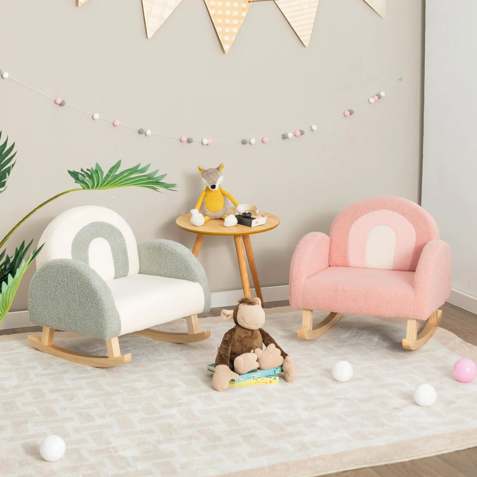 LIFEZEAL Fotel dziecięcy, sofa dla małych dzieci, mini sofa dla dziewczynek i chłopców, fotel bujany z aksamitnego materiału i nóg z litego drewna, krzesło do pokoju dziecięcego (szary)