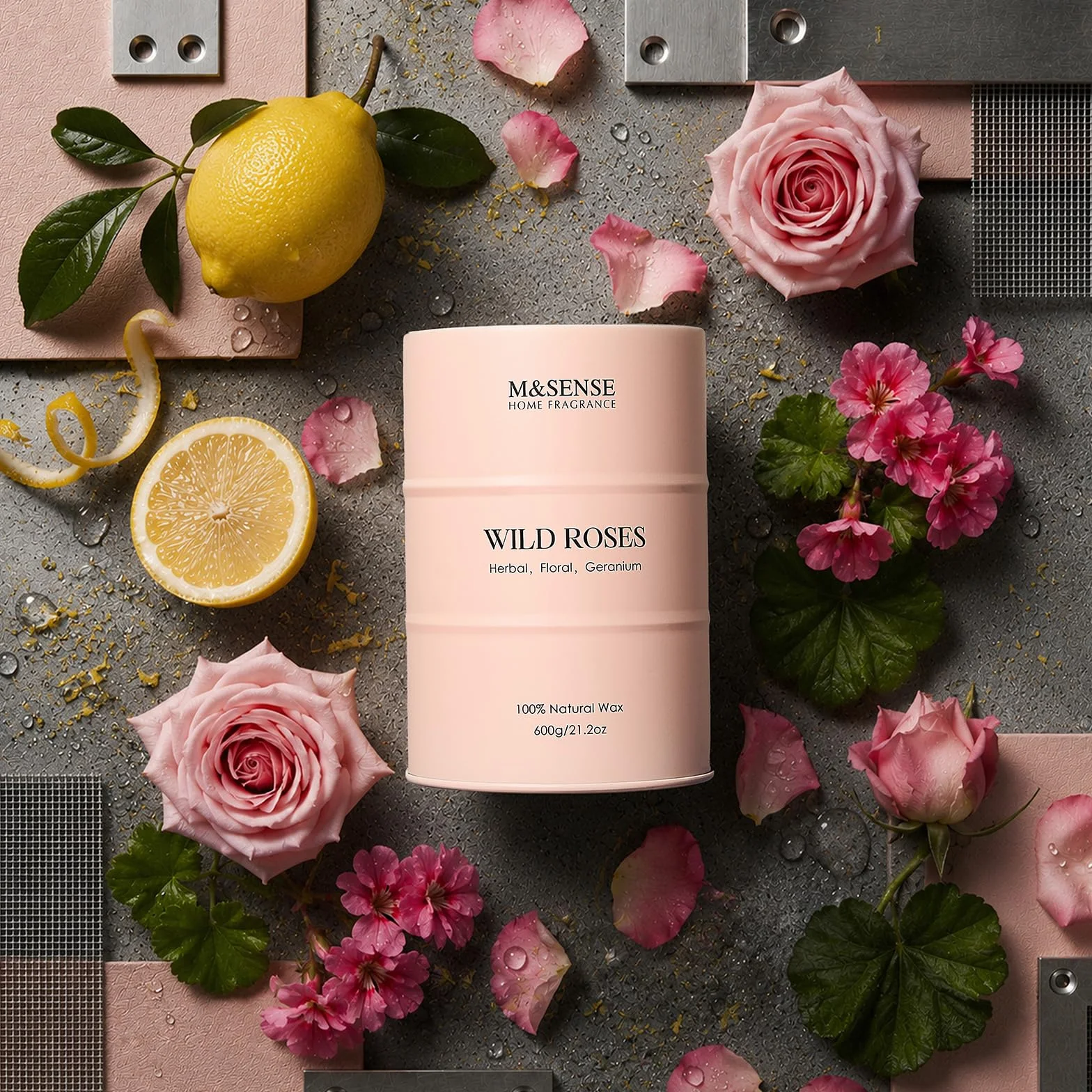 M&SENSE ŚWIECA ZAPACHOWA - Dzika Róża | Naturalny Wosk Sojowy 600g | 120h Palenia | Romantyczny Prezent na Walentynki