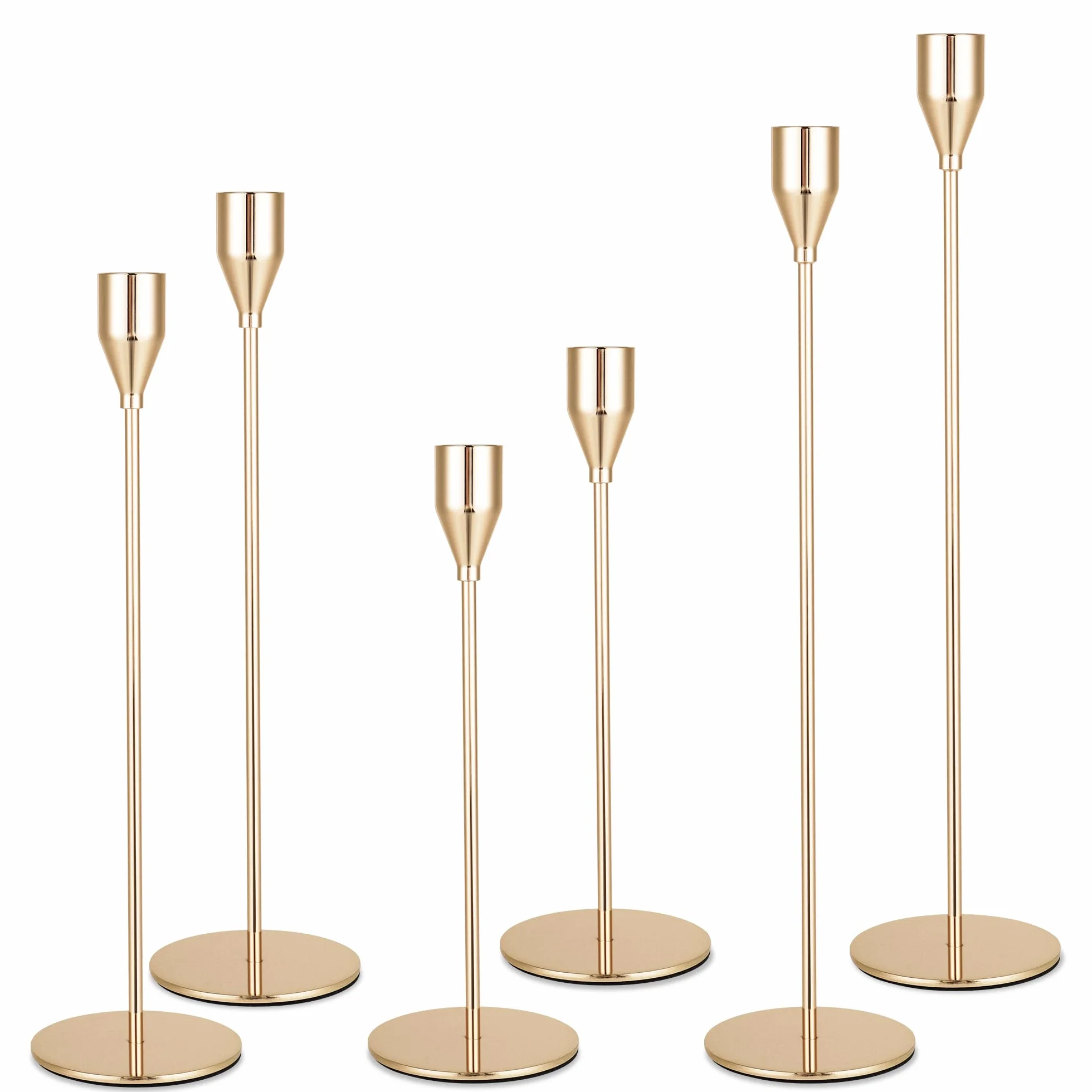 6-częściowy metalowy świecznik, TRZY rodzaje uchwytów na świece z kija o wysokościach 33/28/23 cm. Dekoracyjny uchwyt na świecę do świec stojących na wesela, imprezy, urodziny, dekoracje stołu (złoty)