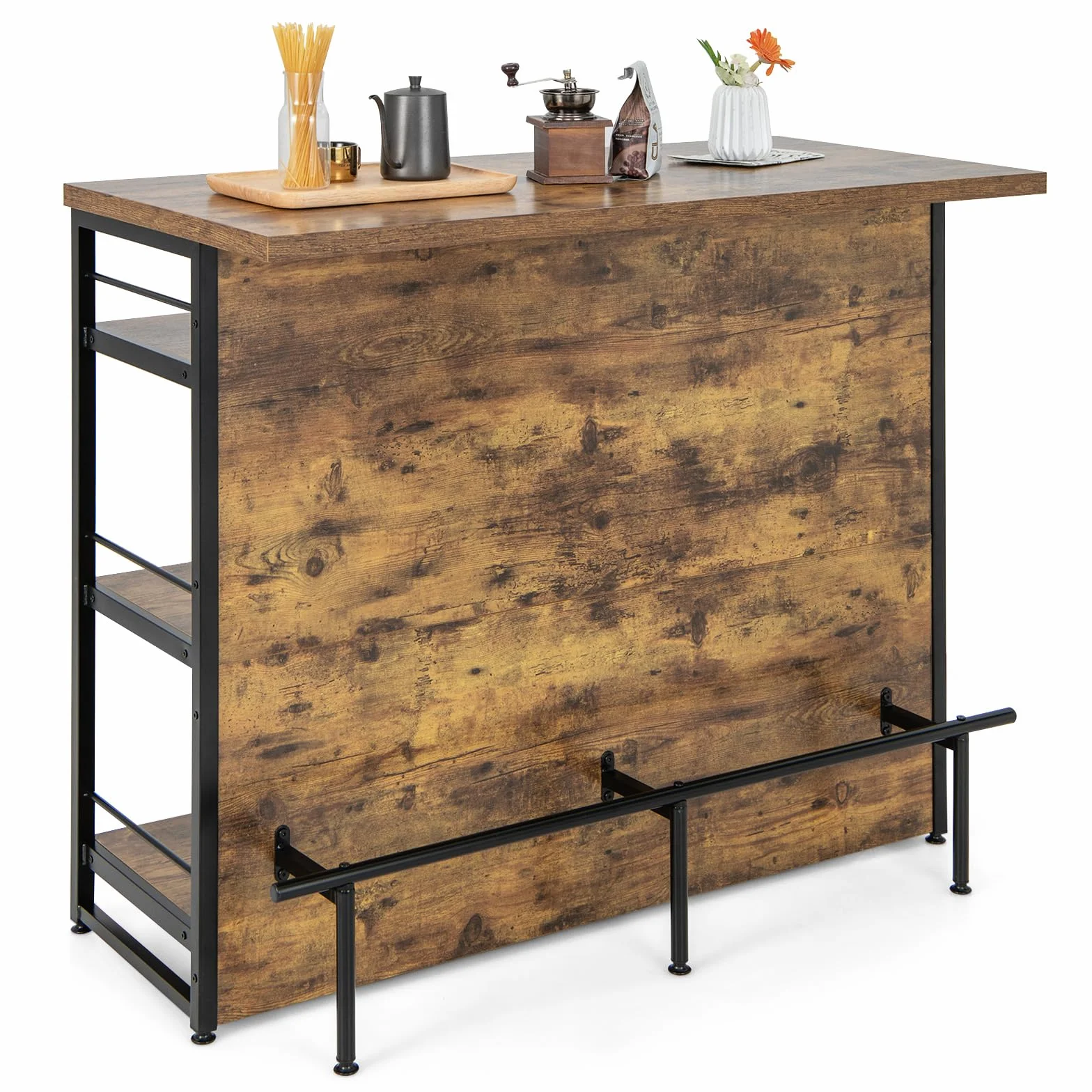 COSTWAY Domowy Bar, Regał Kuchenny z 4 Otwartymi Półkami, Stojak na Wino i Uchwyt na Kieliszki, 120 x 60 x 101 cm Rustykalny