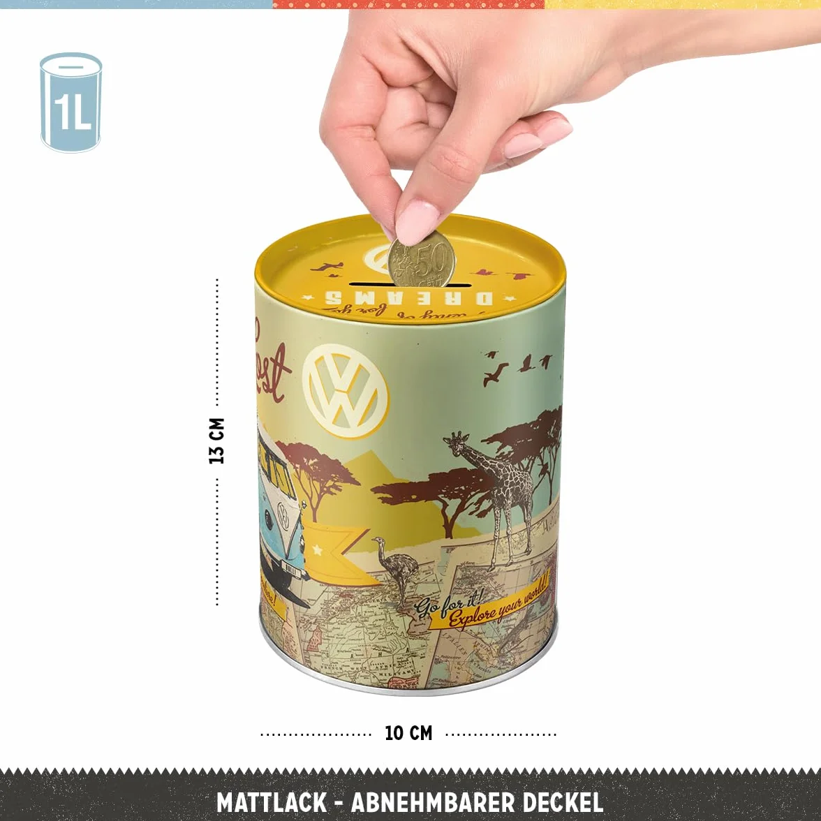 Nostalgic-Art Retro skarbonka, 1 l, VW Bulli – Let's Get Lost – Pomysł na prezent dla miłośnika Volkswagena Busa, Official License Product (OLP), metalowa skarbonka, Styl vintage