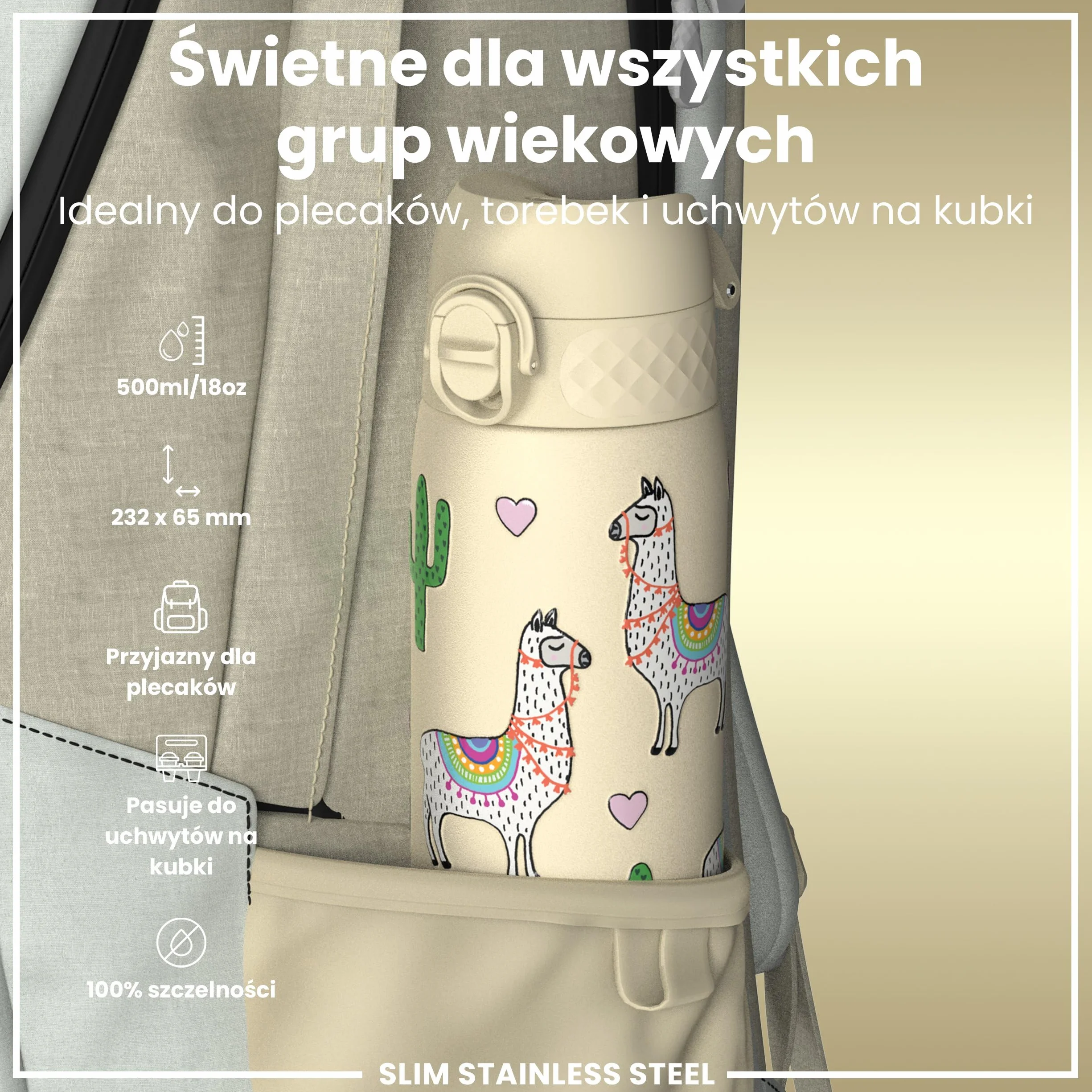 ION8 Butelka na Wodę ze Lekki Stali, 600 ml/20 oz, Nieocieplany, Szczelna, Łatwe Otwieranie, Bezpieczny Zamek, Można Myć w Zmywarce, Higieniczne Pokrycie, Składany Uchwyt, Lamy