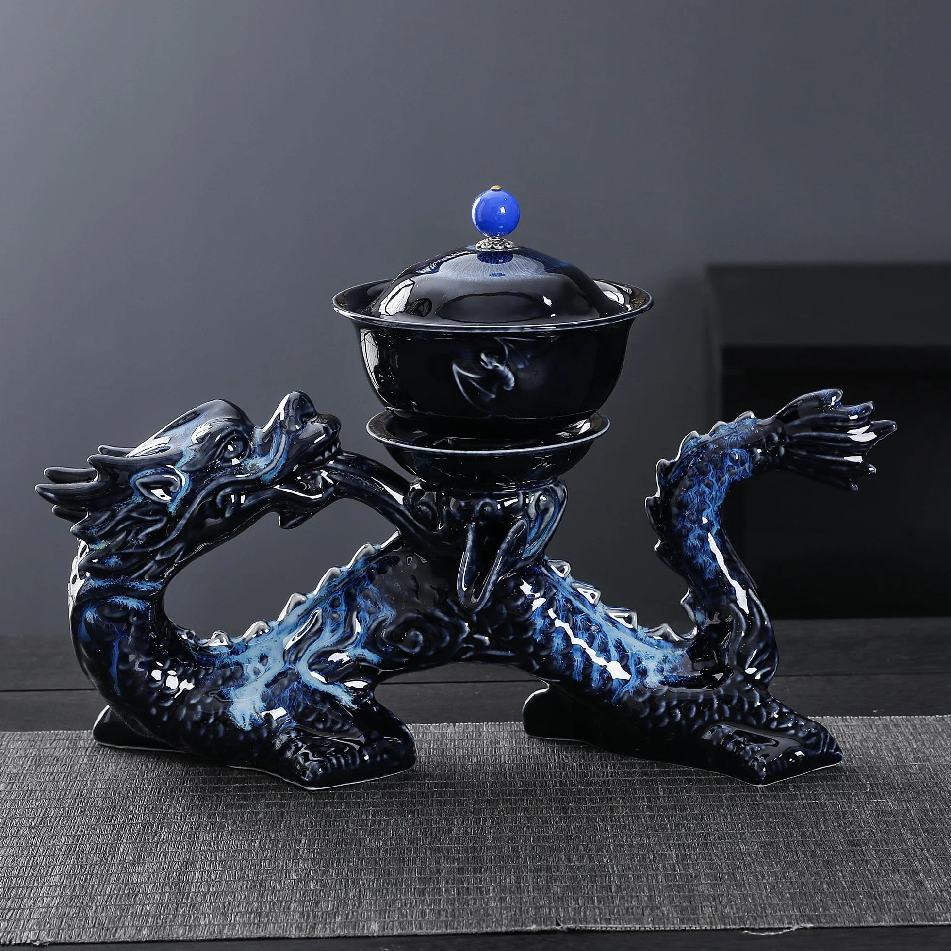 Fanquare Półautomatyczny Zestaw do Herbaty Niebieski Chiński Loong Kungfu Czajniczek Filiżanki 11-częściowy Tradycyjny Porcelanowy Serwis do Herbaty