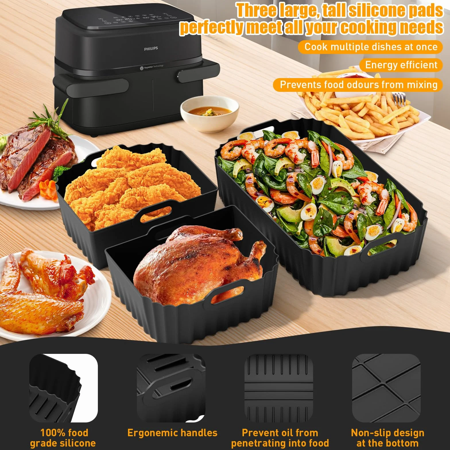Silikonowa forma Air Fryer, akcesoria Air Fryer do Philips Airfryer 7,1L NA154/00, 3 formy silikonowe akcesoria 1 × 7,1 l/2 × 3,55 l, podwójna strefa Philips Air Fryer akcesoria wielokrotnego użytku