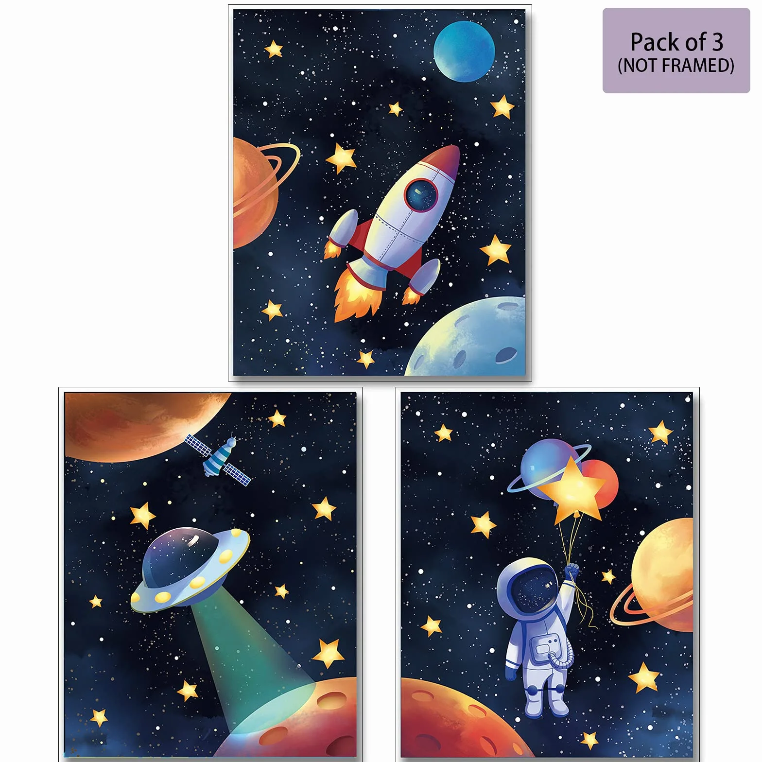 MWOOT Kosmiczny astronauta, płócienny plakat do sypialni chłopców, dekoracja ścienna, 3 szt. pokój zabaw dla dzieci, druk na ścianę (30 x 40 cm), układ słoneczny, rakieta, plakat ścienny, duży