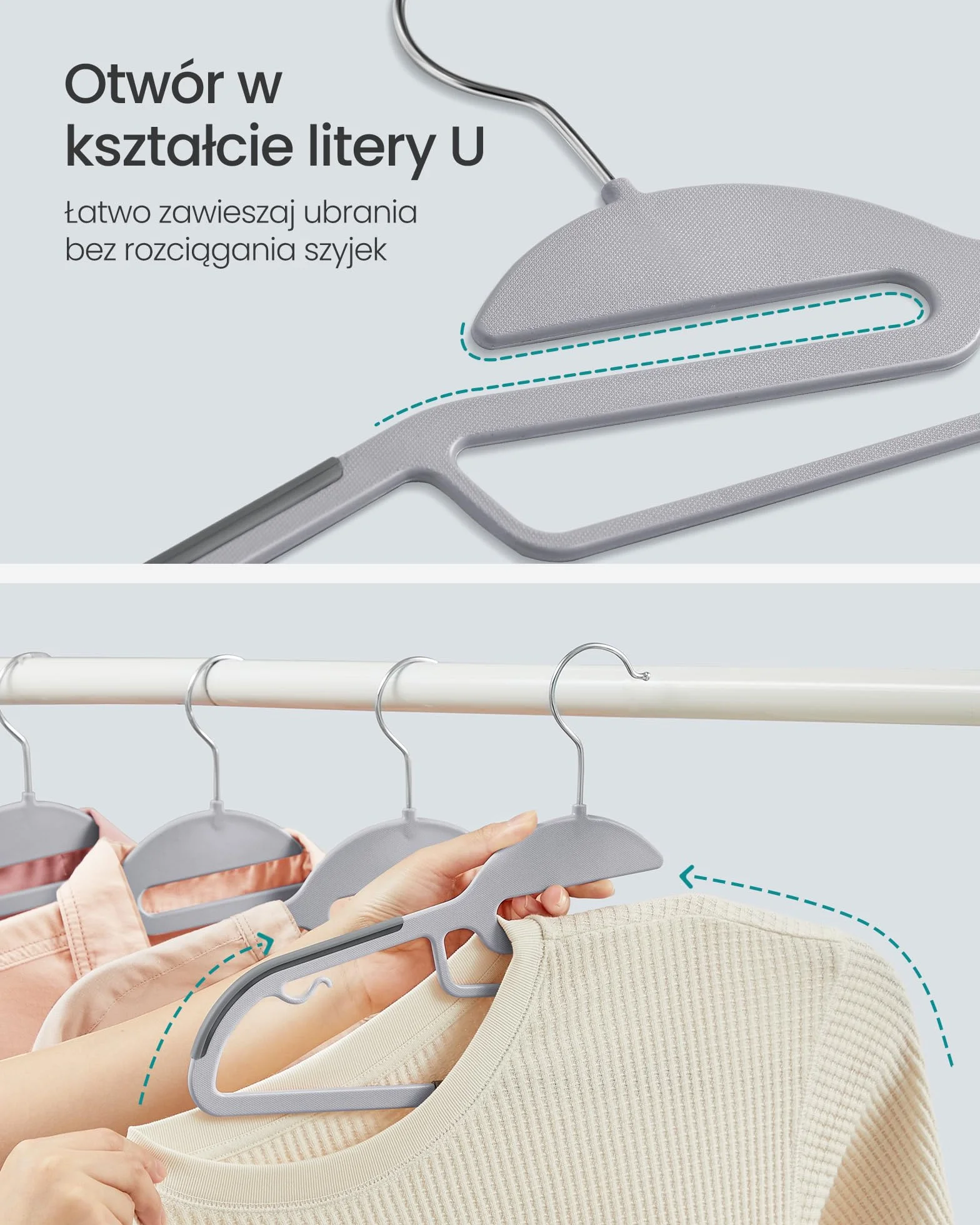 SONGMICS Wieszaki na ubrania, 50 sztuk, wieszaki na garnitury wykonane z tworzywa sztucznego, grubość 0,5 cm, haczyk obracany o 360°, długość 41,5 cm, CRP41G-50
