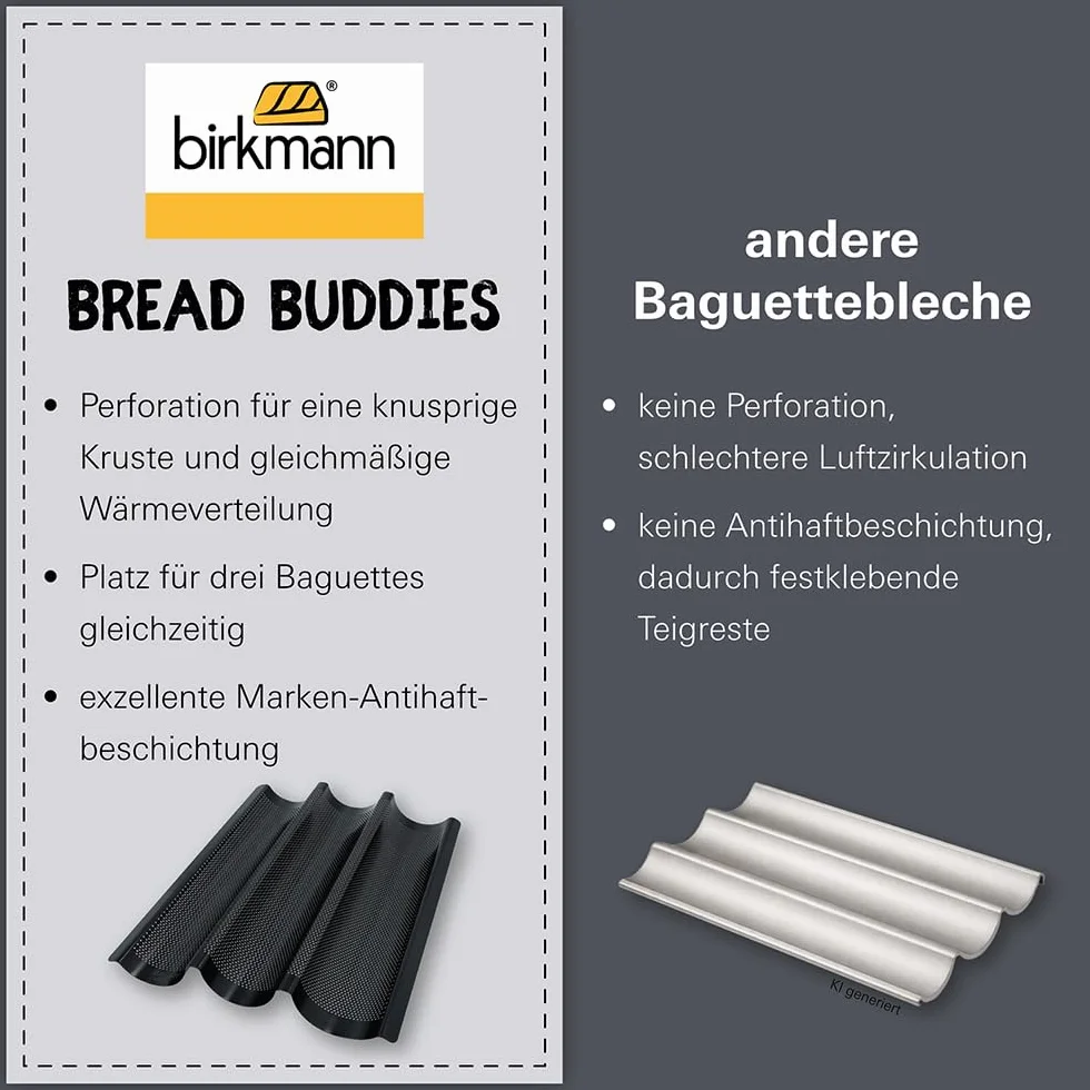 Birkmann, Bread Buddies, blacha do bagietek, perforowana forma do bagietek ze stali węglowej na 3 bagietki z powłoką zapobiegającą przywieraniu i pomysłem na przepisy kulinarne, 331006