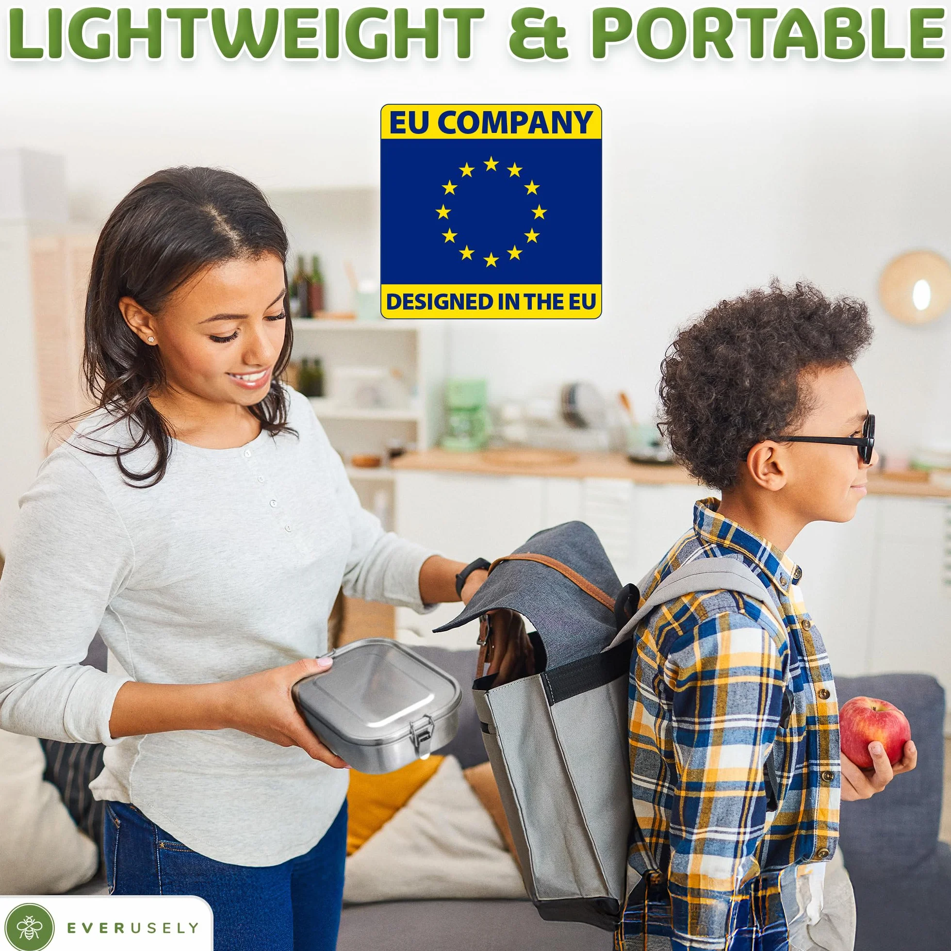 Everusely - Bento Box - Stainless Steel Lunch Box for Adults - 1.4 L - 5 Compartment Snack Container + Removable Silicone Seal + Secure Lock Clip
