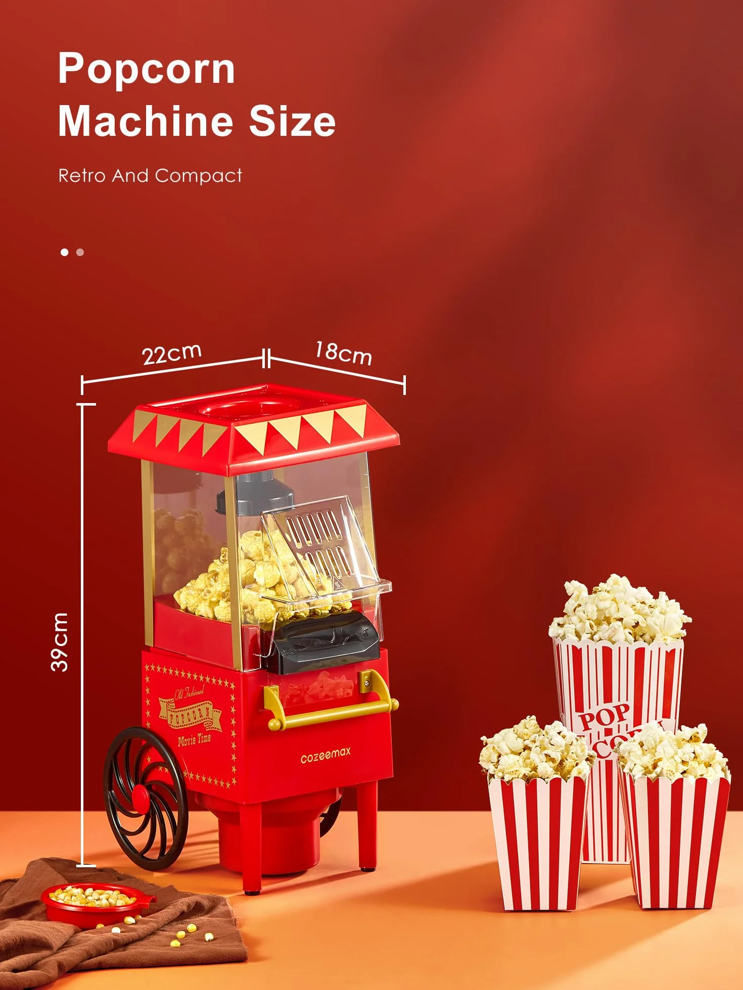 maszyna do popcornu w stylu retro, 1200 W, domowa maszyna do popcornu z gorącym powietrzem, bez tłuszczu i oleju, obsługa jednym przyciskiem, czerwona