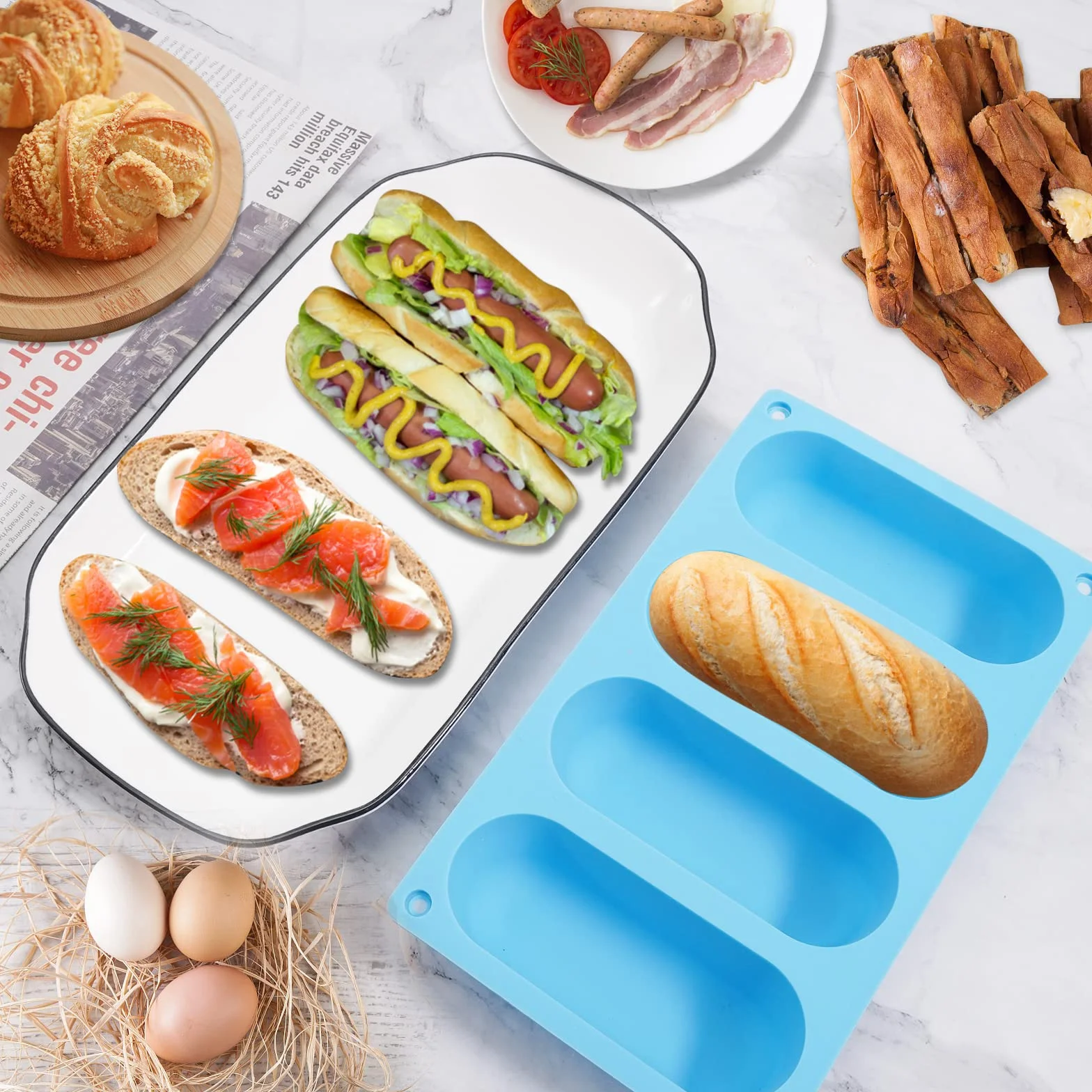 Forma Silikonowa do Bułek Hot Dogowych 2 szt - Nieprzywierająca, Odporna na Ciepło do Pieczenia Chleba i Kiełbasy