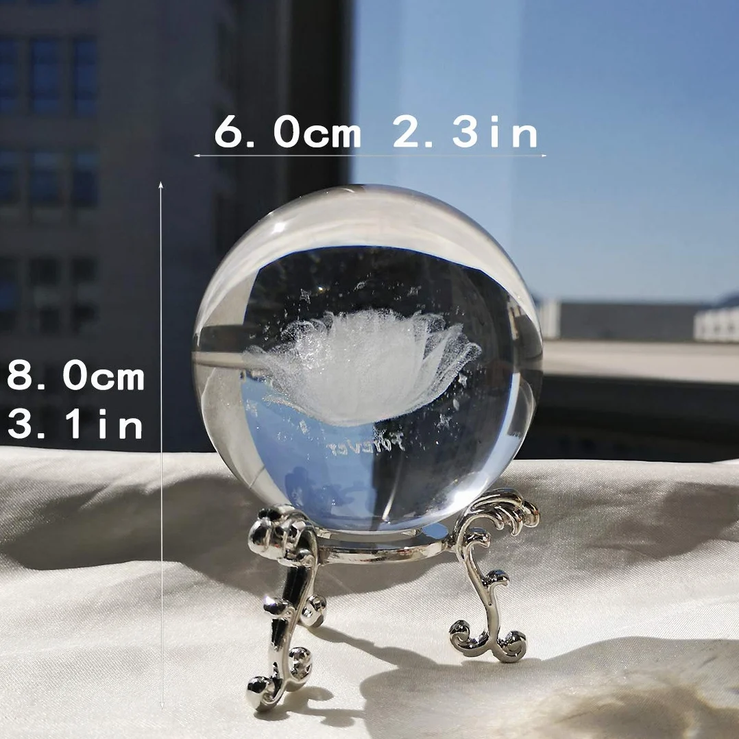 H&D HYALINE & DORA 60 mm 3D wewnętrzna rzeźba kwiat róży kryształowa kula ozdoba, szklana kula przycisk do papieru ze srebrnym stojakiem Fengshui wystrój domu, prezent dla mamy ślub kobiety