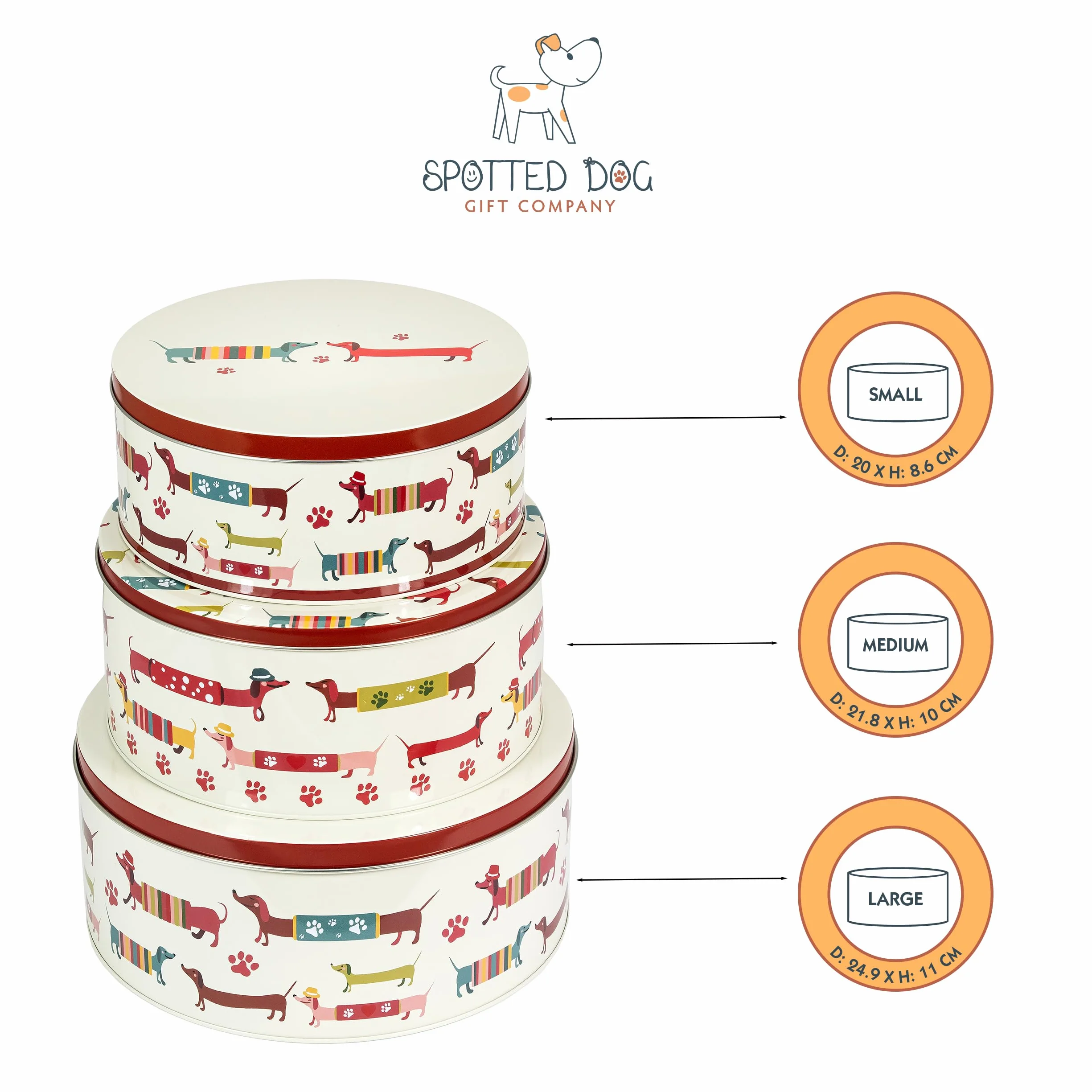 SPOTTED DOG GIFT COMPANY Zestaw 3 puszek do przechowywania ciast, okrągłe zagnieżdżające się puszki na ciasta do przechowywania ciast i ciasteczek, sztaplowalne hermetyczne pojemniki na ciastka