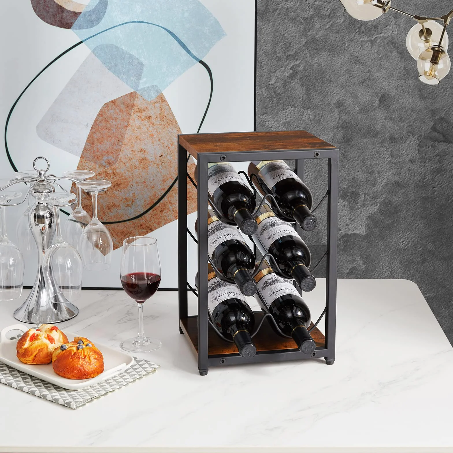IBUYKE Metalowy stojak na wino, 6 butelek, wolnostojący uchwyt do przechowywania wina, 3-poziomowy uchwyt na butelki vintage, półka do przechowywania, do szafki, blatu