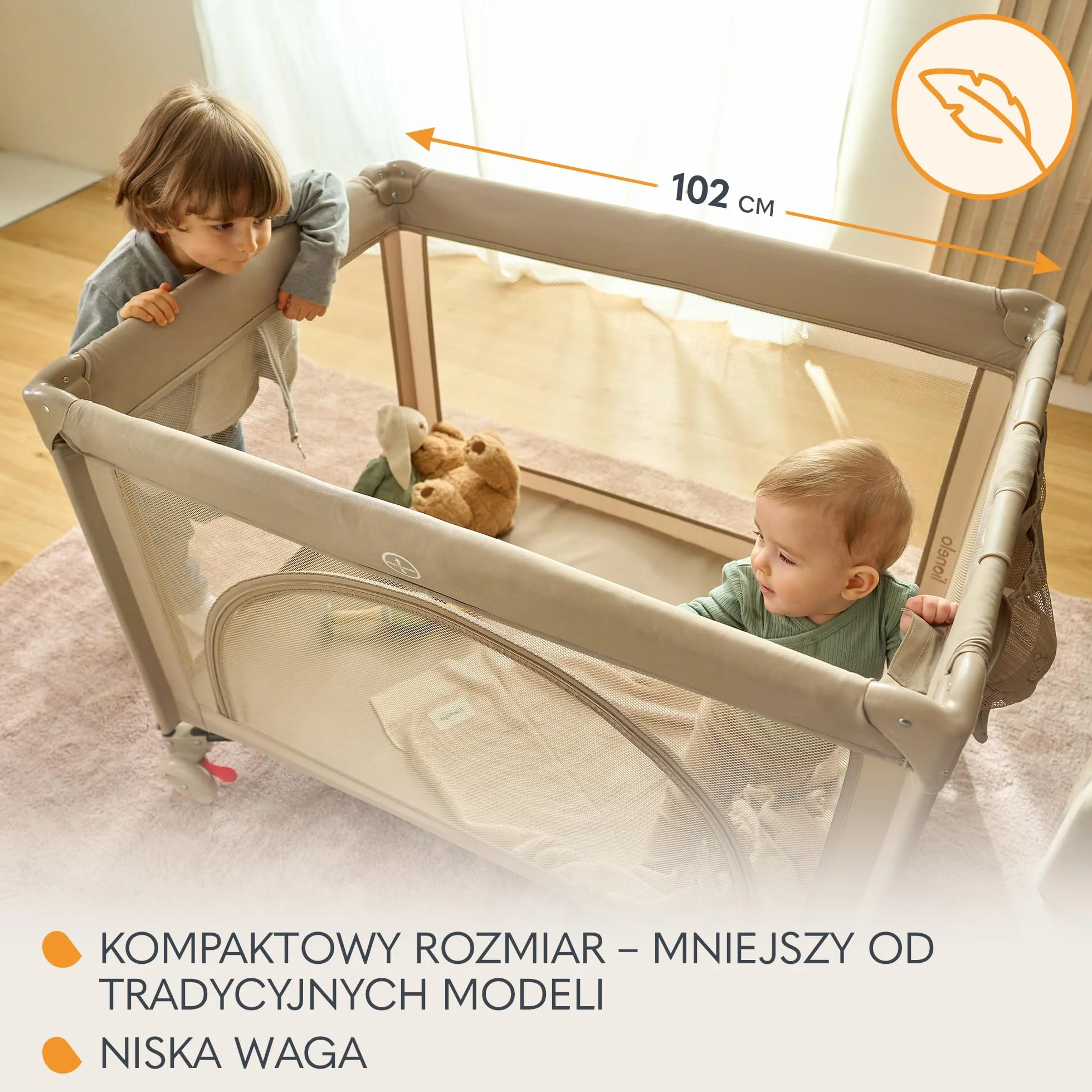 LIONELO LAURA Łóżeczko Turystyczne 2w1 do 15 Kg Kojec dziecięcy od 0 do 36 miesięcy Boczne Wejście Piankowy Materac T25, 2 Poziomy Wysokości, Torba Podróżna, Koła z Hamulcem