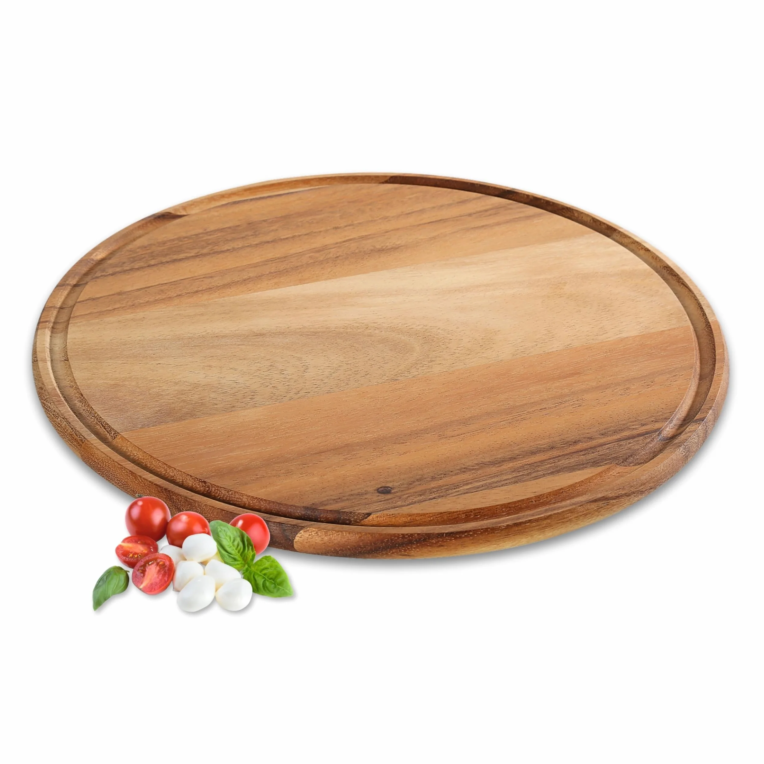 Zassenhaus Talerz do pizzy o średnicy 33 cm, łopatka do pizzy z ekologicznie uprawnego drewna akacjowego, okrągła taca drewniana z rowkiem na sok, deska do serwowania pizzy lub tarta, drewniana deska