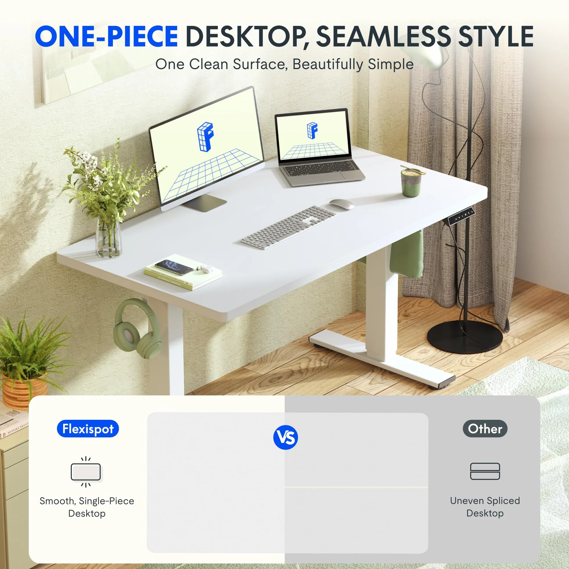 FLEXISPOT EN1 Podstawowe Biurko z Regulacją Wysokości 160 x 80 cm – Jednoczęściowy Blat – Ergonomiczne Biurko do Pracy Siedząco-Stojącej z Łatwą Obsługą (Szary + Biały, 160 x 80 cm)