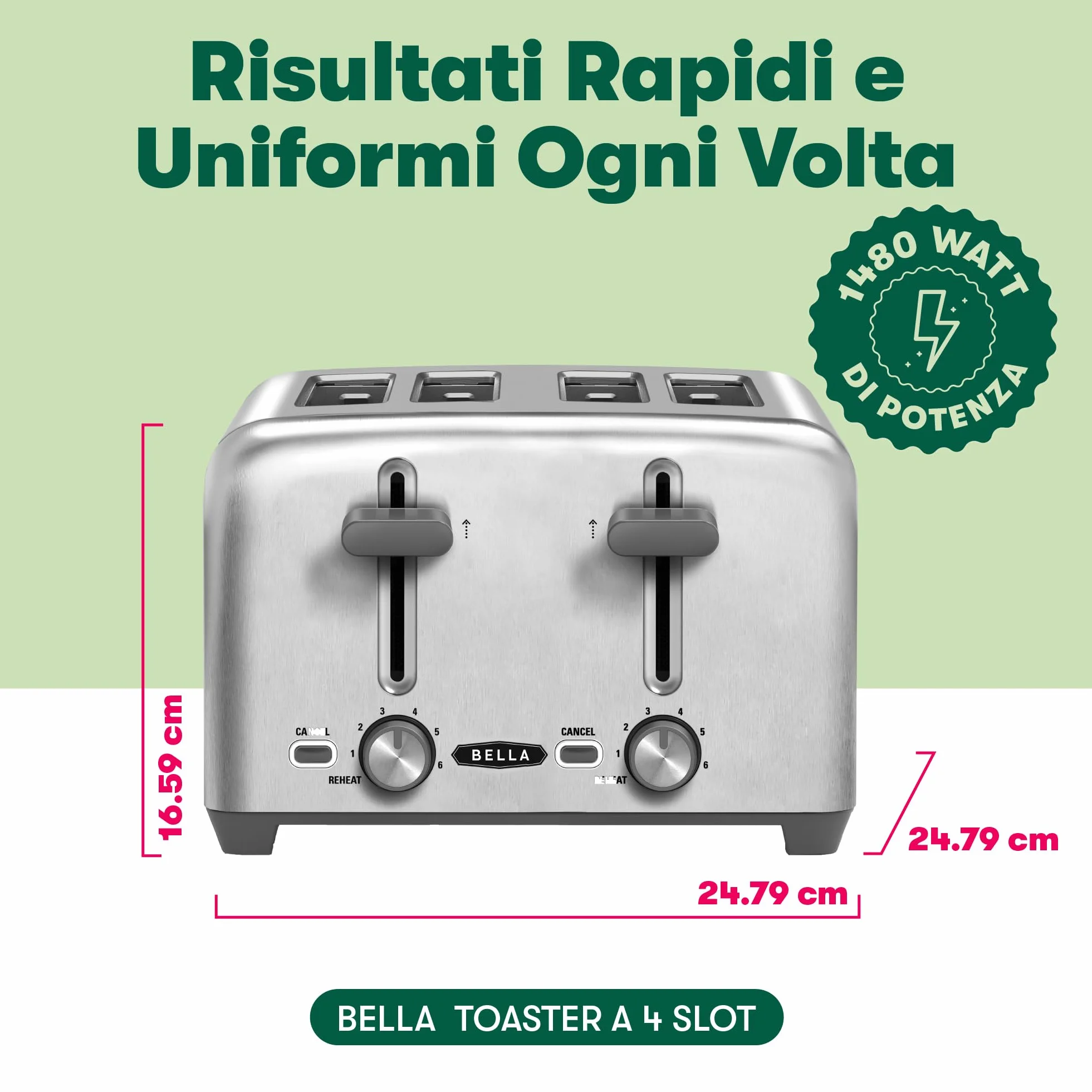 BELLA 4 Slice Toaster, Quick & Even Results Every Time, Wide Slots Fit Any Size Bread Like Bagels or Texas Toast, Drop-Down Crumb Tray for Easy Clean Up, Stainless Steel