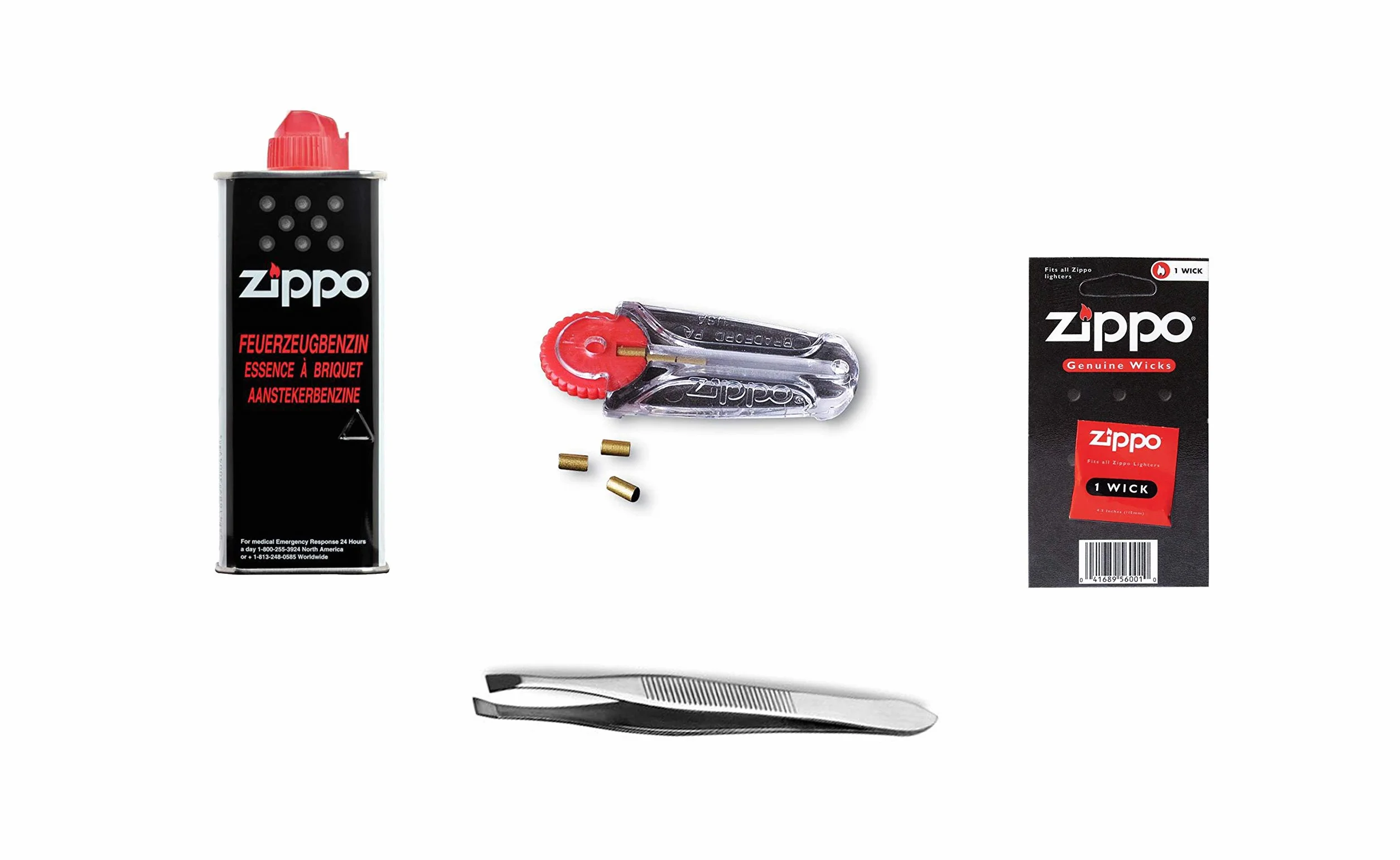 Zippo zestaw akcesoriów 8 zawiera 1 x benzynę, 1 x knot, 1 x krzesiwo i pęsetę