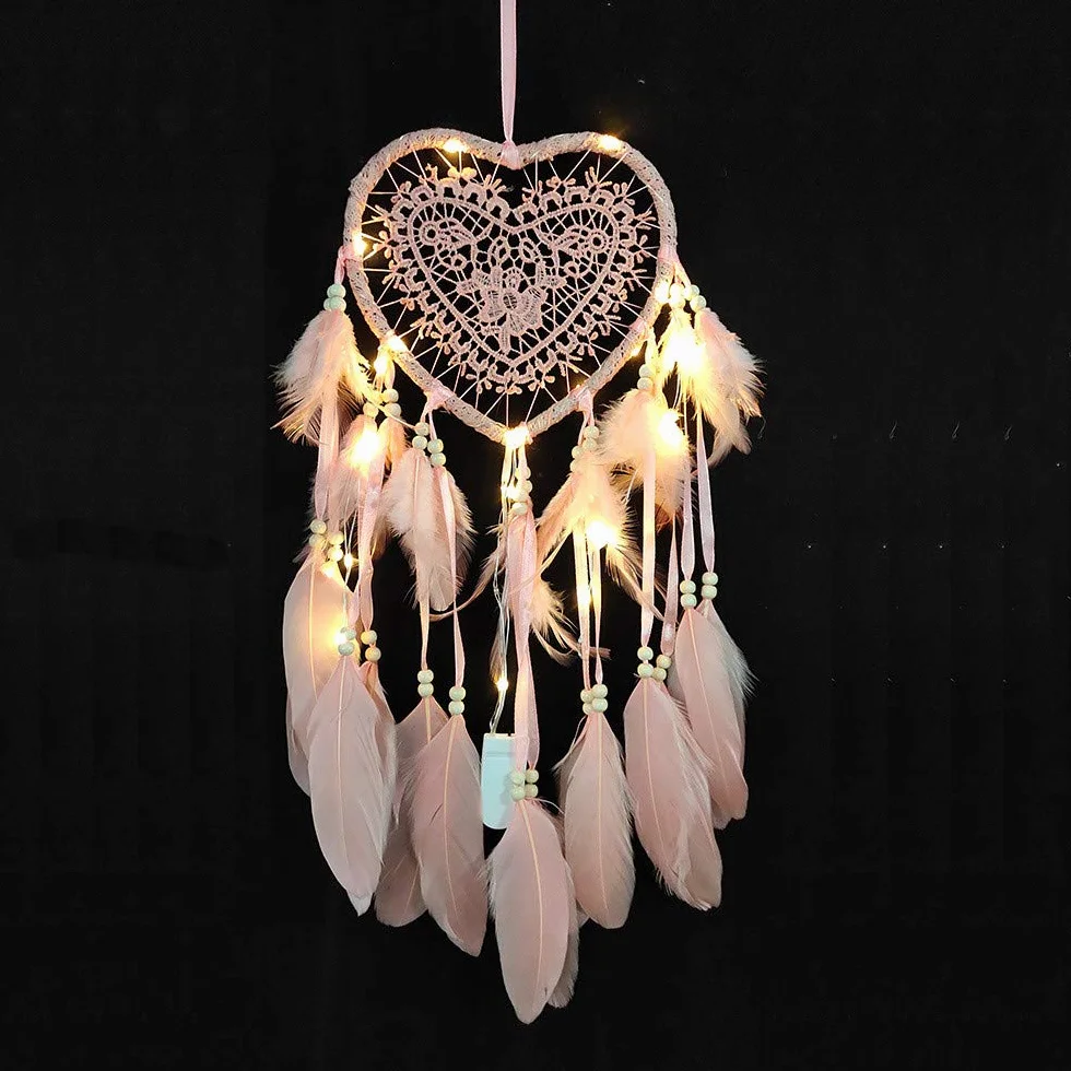 łapacz snów w stylu boho, w kształcie serca, ręcznie wykonany, lampa LED, ozdoba na ścianę, romantyczna dekoracja (kolor różowy, ze światłami)