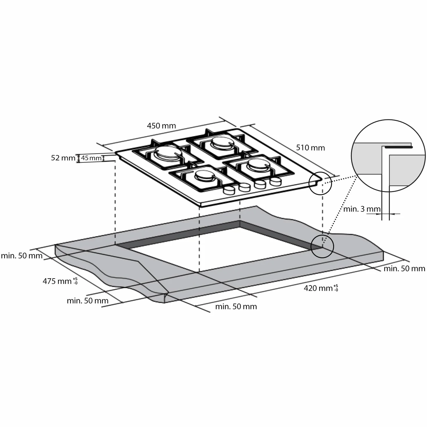 KKT KOLBE Płyta kuchenna gazowa 45 cm 6,2 kW 3 palniki Strefa Wok Bezramowa Żeliwne uchwyty