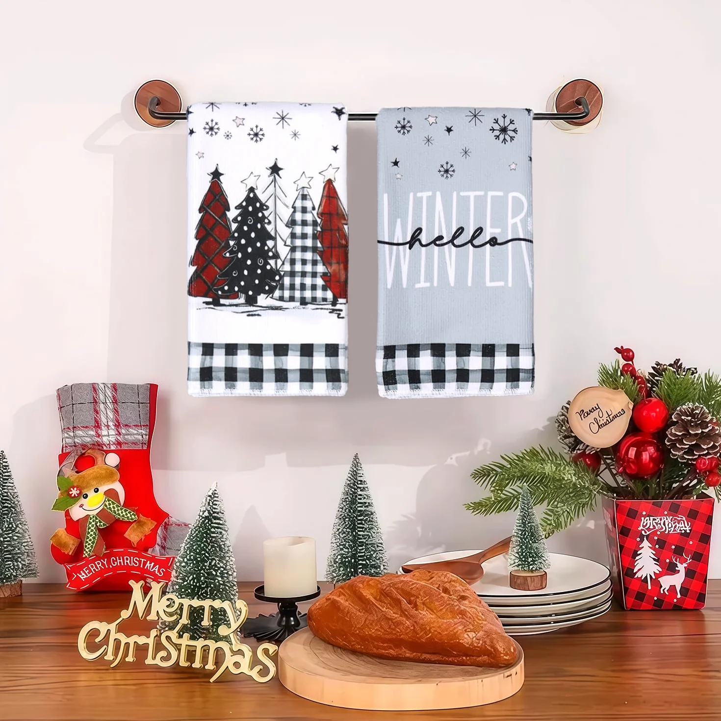 Meleager Świąteczne ręczniki do naczyń, 4-częściowy zestaw poliestrowych ręczników kuchennych na Boże Narodzenie, biały i szary, 60 cm x 40 cm, dekoracja stołu świątecznego, prezenty domowe, prezenty