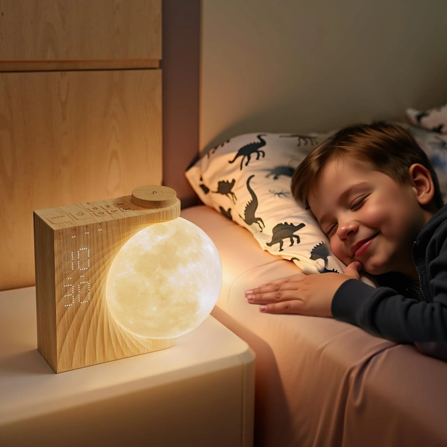 Budziki symulujące wschód słońca dla twardo śpiących, lampki nocne do sypialni ze światłem księżyca, 10 efektów świetlnych, timer 30/60/90 minut, 10 dźwięków natury do snu, 15 dzwonków, 12 poziomów