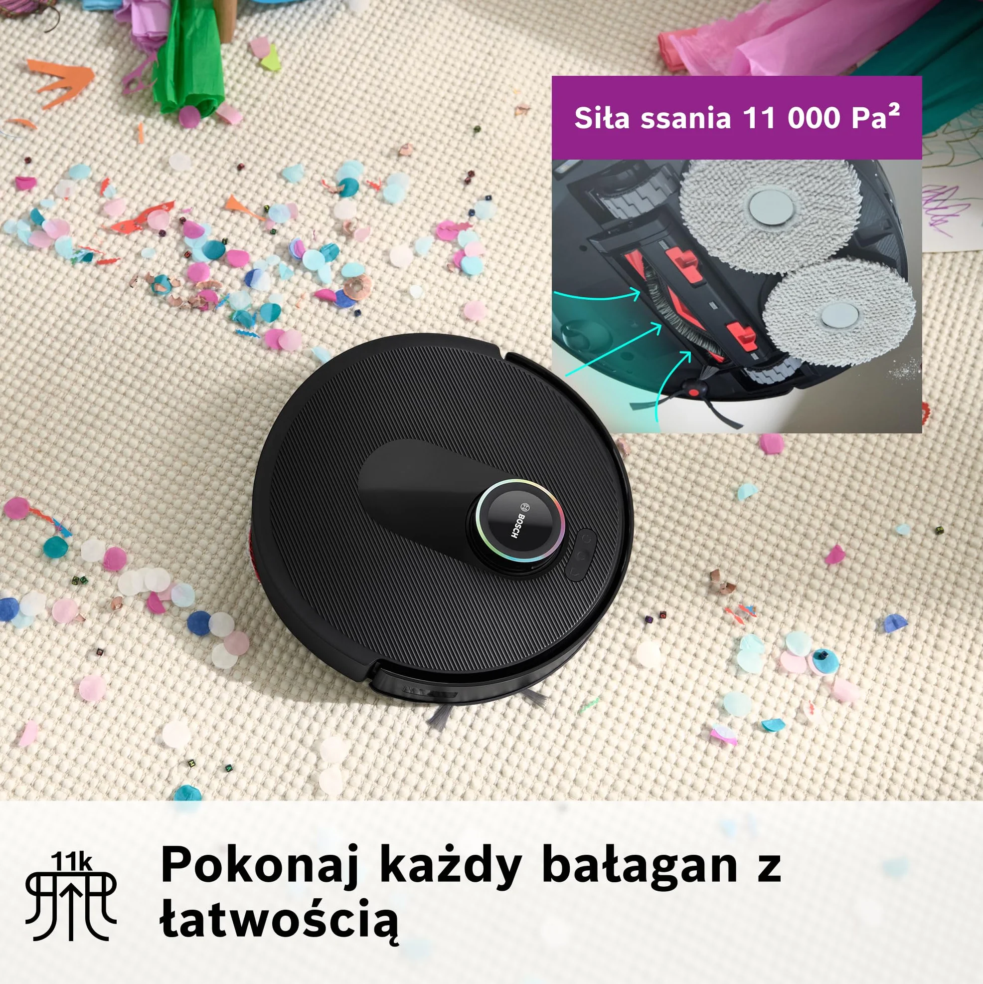 Bosch Spotless Max Cam Robot sprzątający, moc ssania 11000Pa, stacja czyszcząca, Smart Vision, Home Connect, czarny