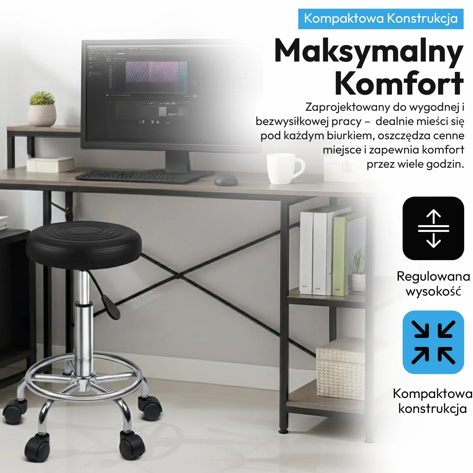 Ergonomia Rolowany stołek roboczy obrotowy z regulacją wysokości Czarny