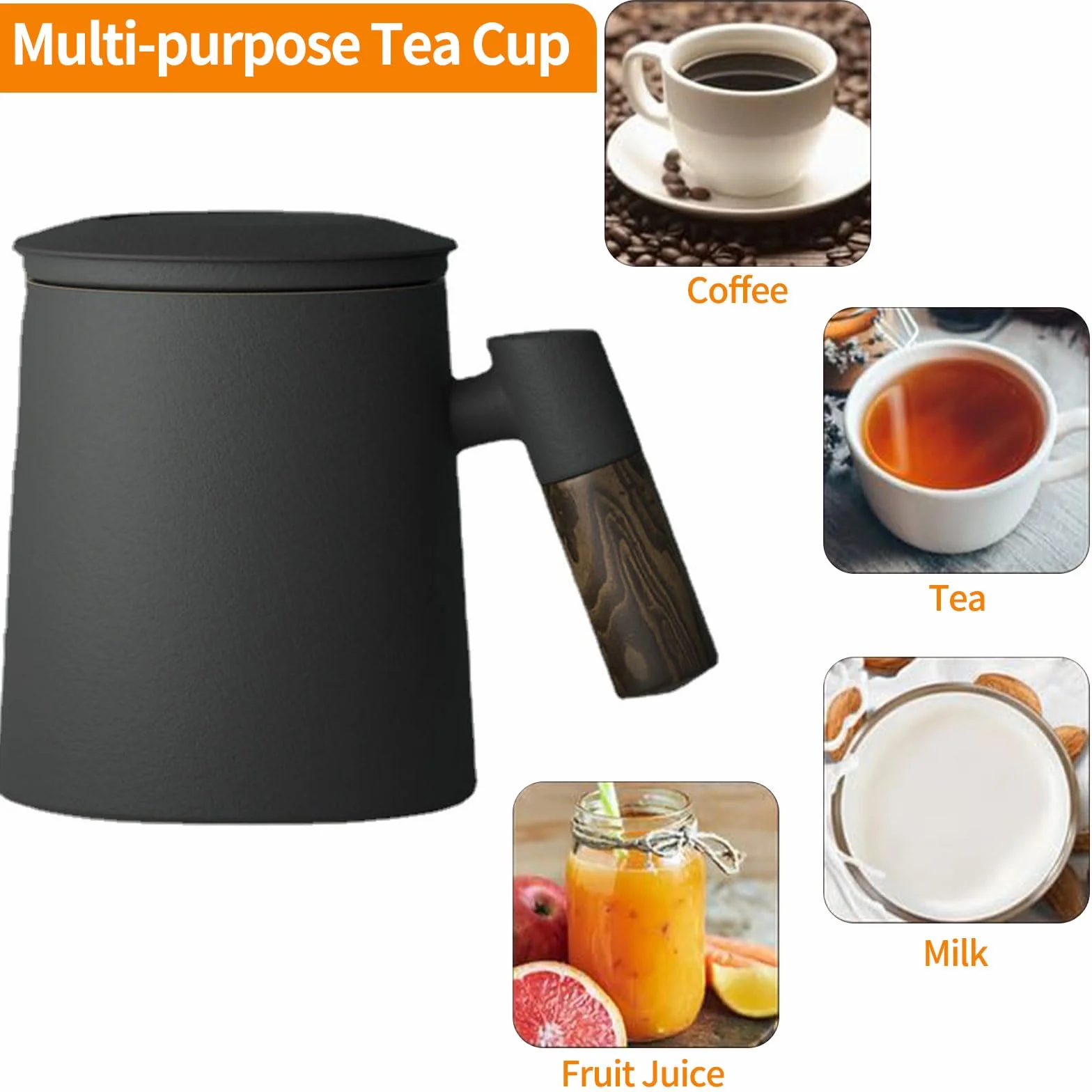 Kubek do zaparzania herbaty z pokrywką i sitkiem, 400 ml, gradientowy, duży kubek z zaparzaczem czarny, matowa ceramiczna filiżanka do parzenia z drewnianym uchwytem, herbata