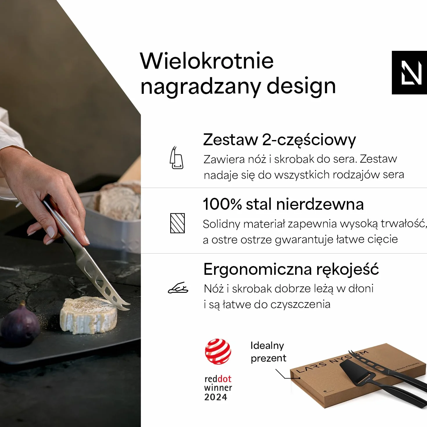 LARS NYSØM Zestaw krajalnicy i noży do sera 2 szt. I Zestaw noży do sera i krajalnica ze stali nierdzewnej (Carbon Black)