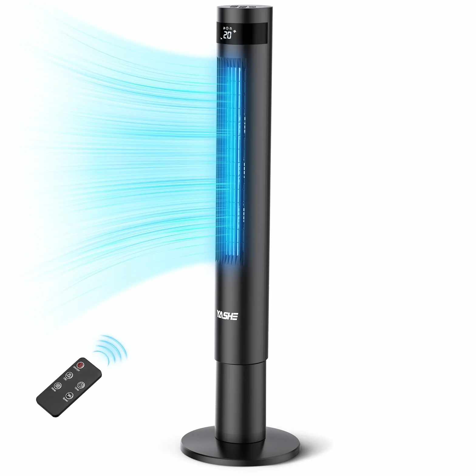 YASHE Wentylator kolumnowy 43", cichy wentylator kolumnowy 28 dB, wentylator oscylacyjny 85° z wentylatorem wieżowym z pilotem, timer 12 godzin, 3 prędkości, 3 tryby wiatru